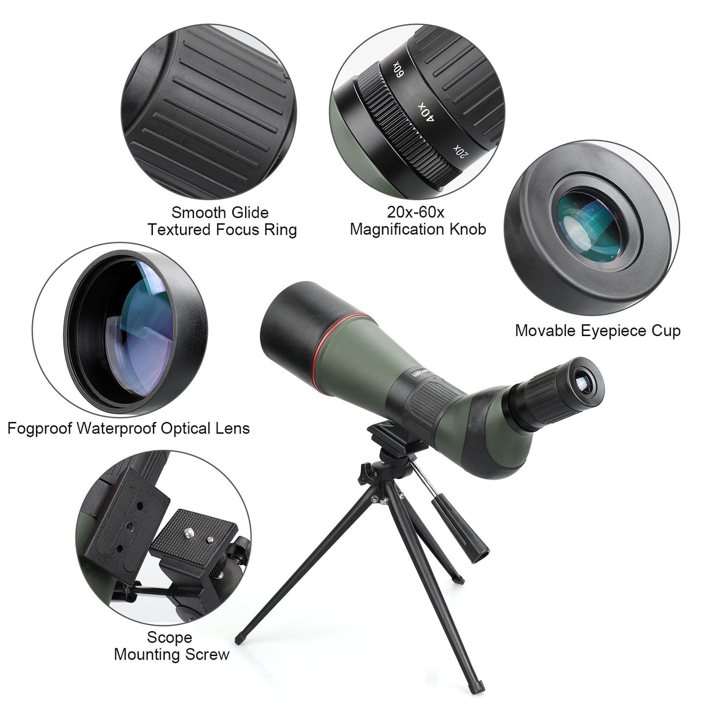 USCAMEL 20-60x Spotting Scopes 80mm Large Aperture High Powered BAK4 Telescope w/Tripod Carry Bag for Birding, Hunting, Shooting