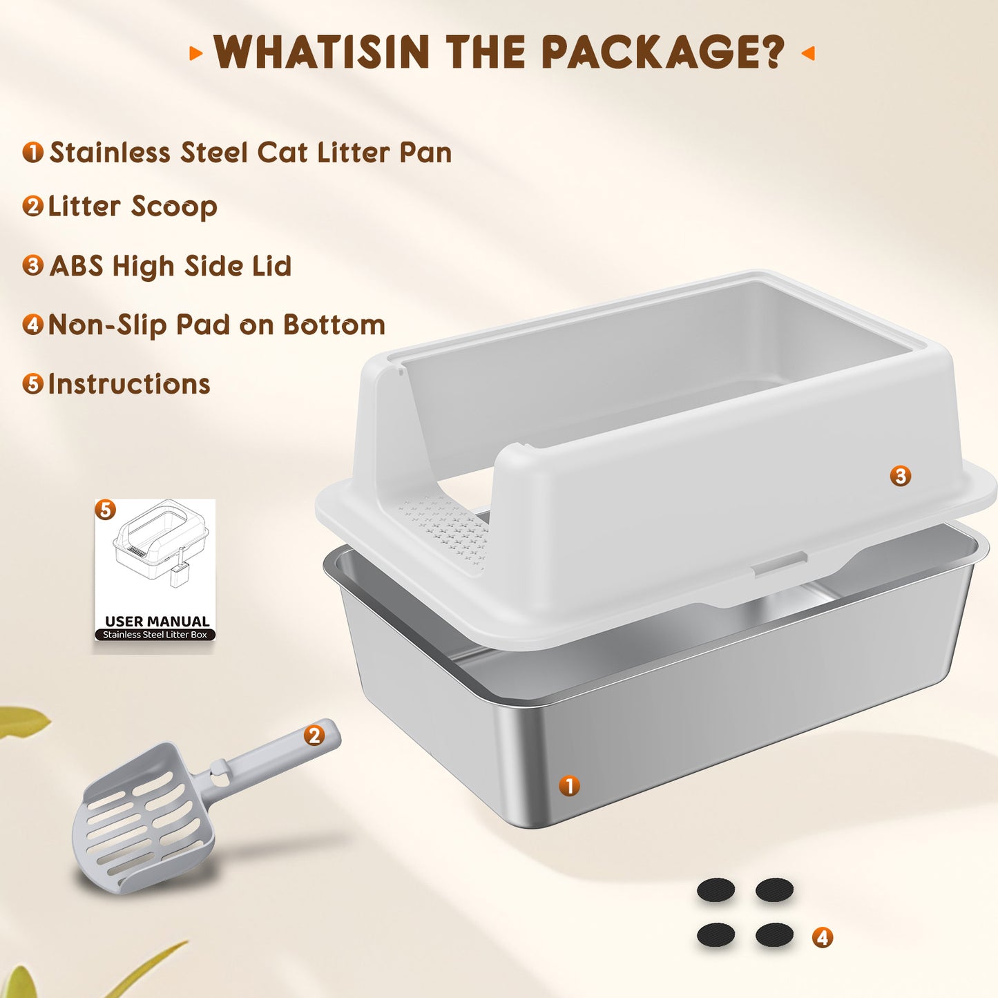 HUTACT Large Cat Litter Box with Litter Mat, Stainless Steel XL Litter Box for Large Cats, High-Sided Metal Litter Pan Tray with Scoop Non-Stick, Leak-Proof, Easy to Clean 23.6"