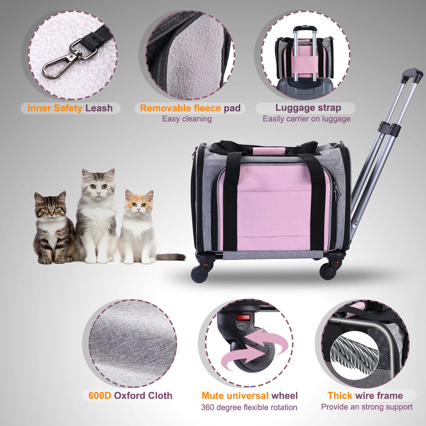 Rolling Pet Carrier with Wheels, Foldable Airline Approved Dog Carriers for Small Dogs and Cats, Cat Carrier on Wheels, Pet Travel Carrier for Flight Camping Outdoor