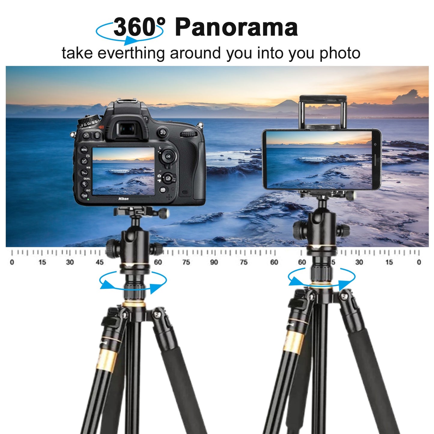 Tripods for Camera, Professional Video Tripod Adjustable 66.9" Monopod for Smartphone, Durable Video Travel Photography 360° Rotatable Aluminum