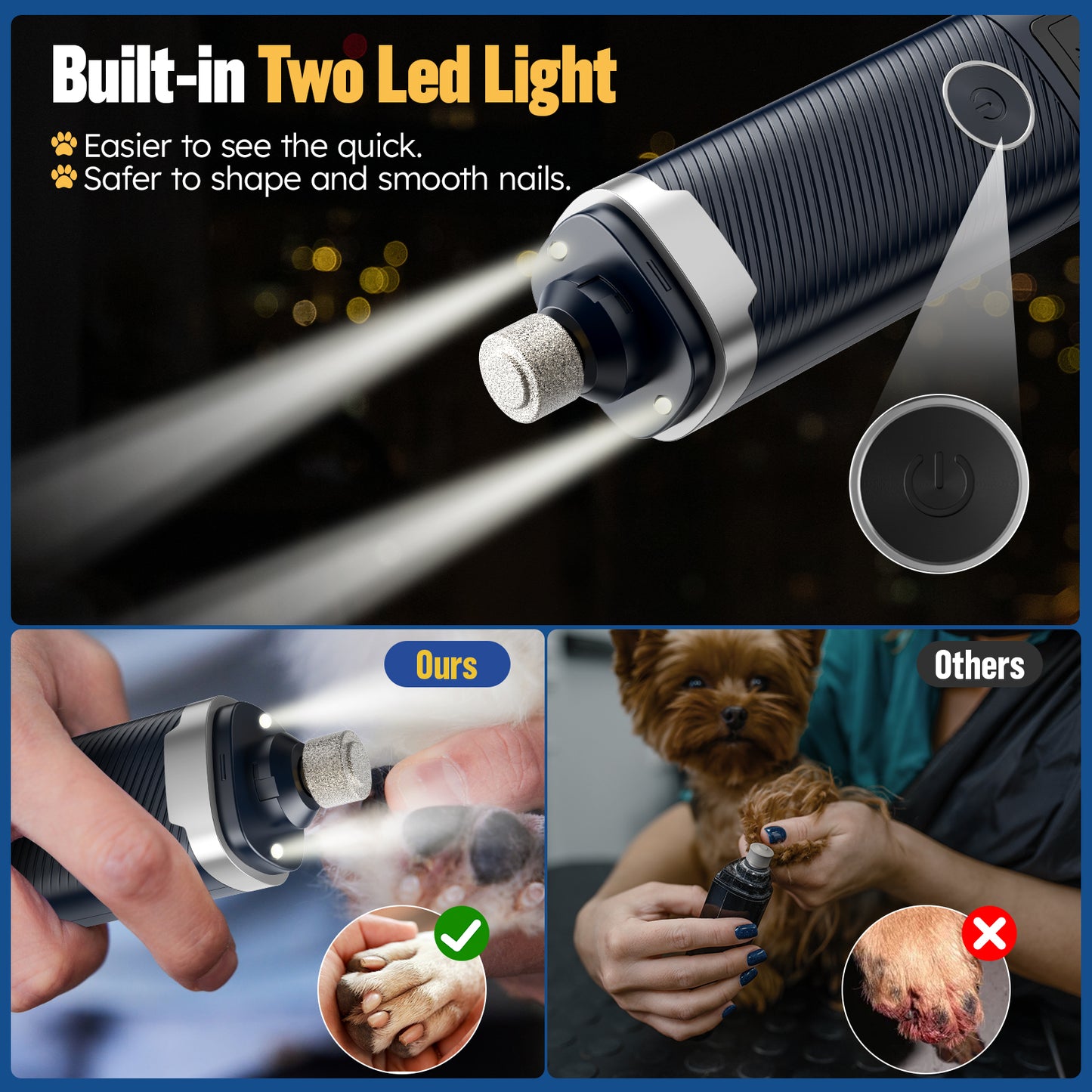 Dog Nail Grinder, Pet Nail Trimmer for Dog Cat w/Lights, Low Vibration, LCD Display, Quiet 3 Speeds Electric Pet Nail Polisher, Clipper Grooming Tool for All Breed