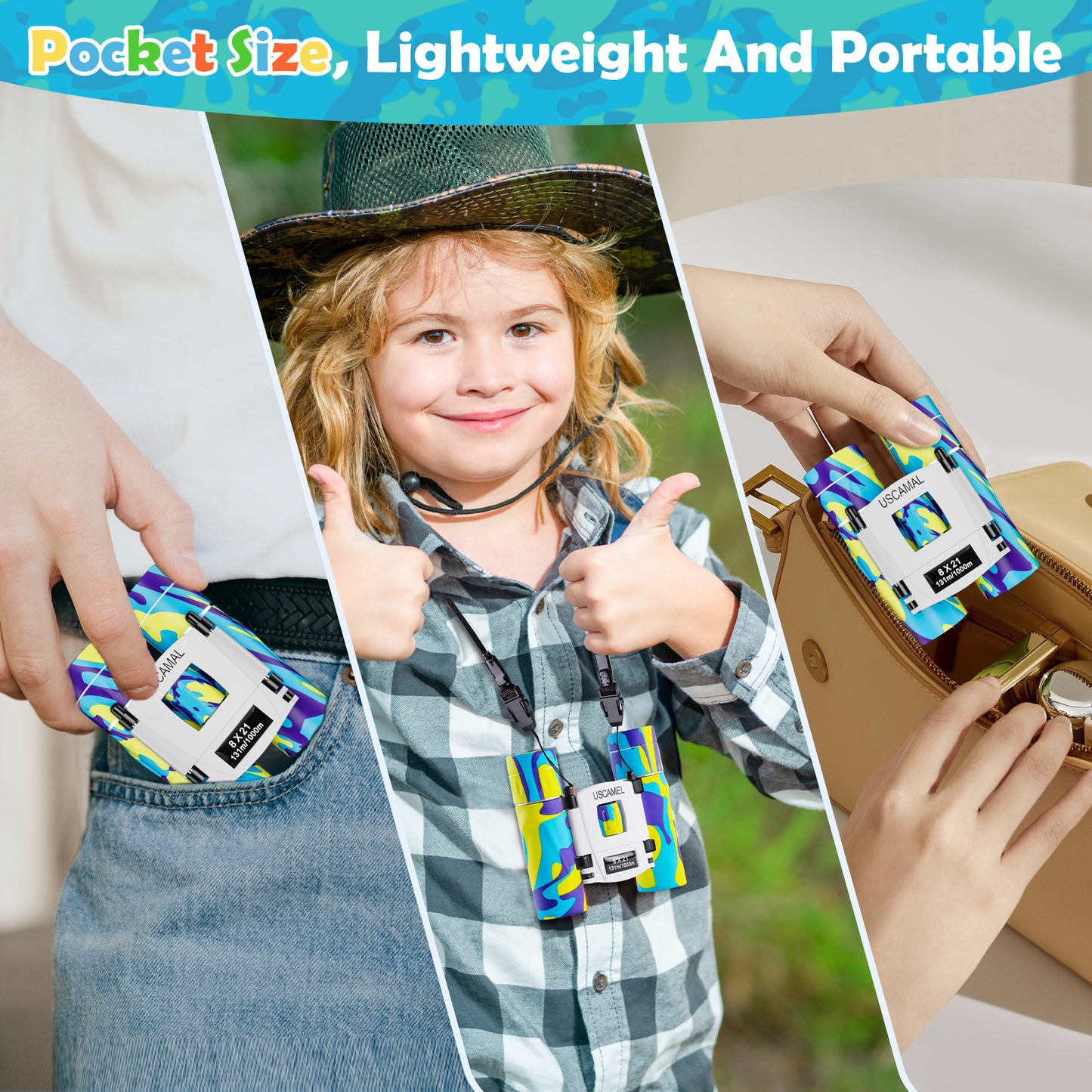 USCAMEL 8x21 Binoculars for Kids and Adults, Mini Porcket Binoculars for Birding, Camping, Climbing, Compact Binoculars Toys Gift for Girls and Boys