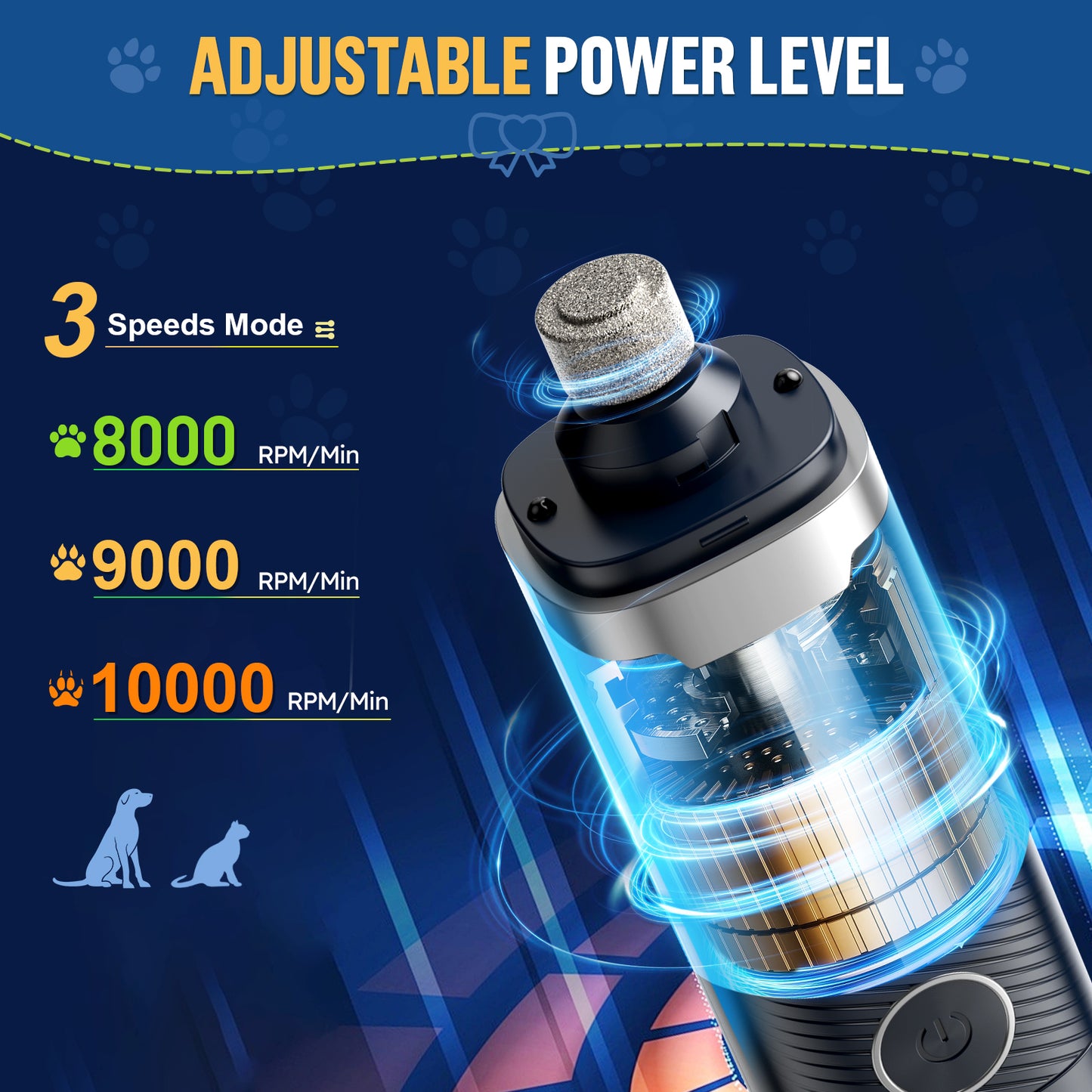 Dog Nail Grinder, Pet Nail Trimmer for Dog Cat w/Lights, Low Vibration, LCD Display, Quiet 3 Speeds Electric Pet Nail Polisher, Clipper Grooming Tool for All Breed