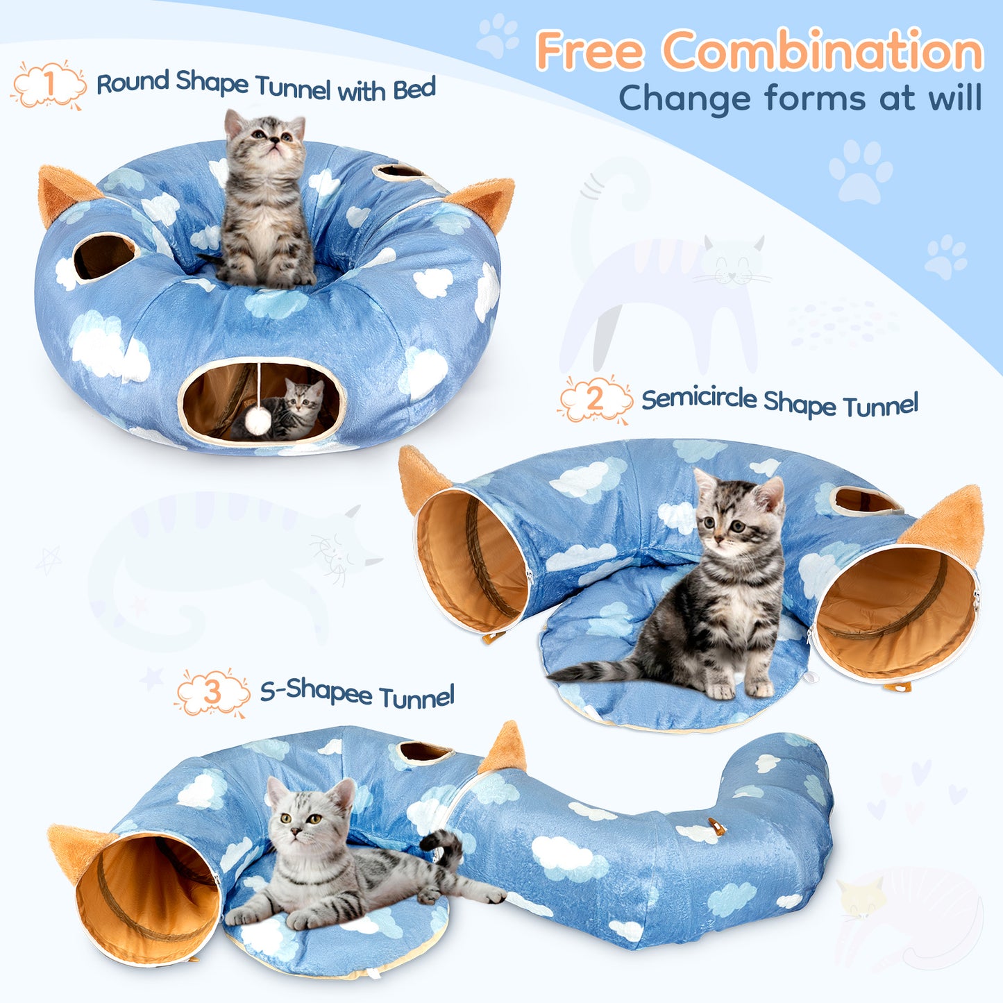 Cat Tunnel Bed with Central Cushion with Dangling Balls, Large Cat Tunnel Tube Toys to Play for Indoor Cats Kittens Puppies, Round Plush Fluffy Cat Bed with Tunnels