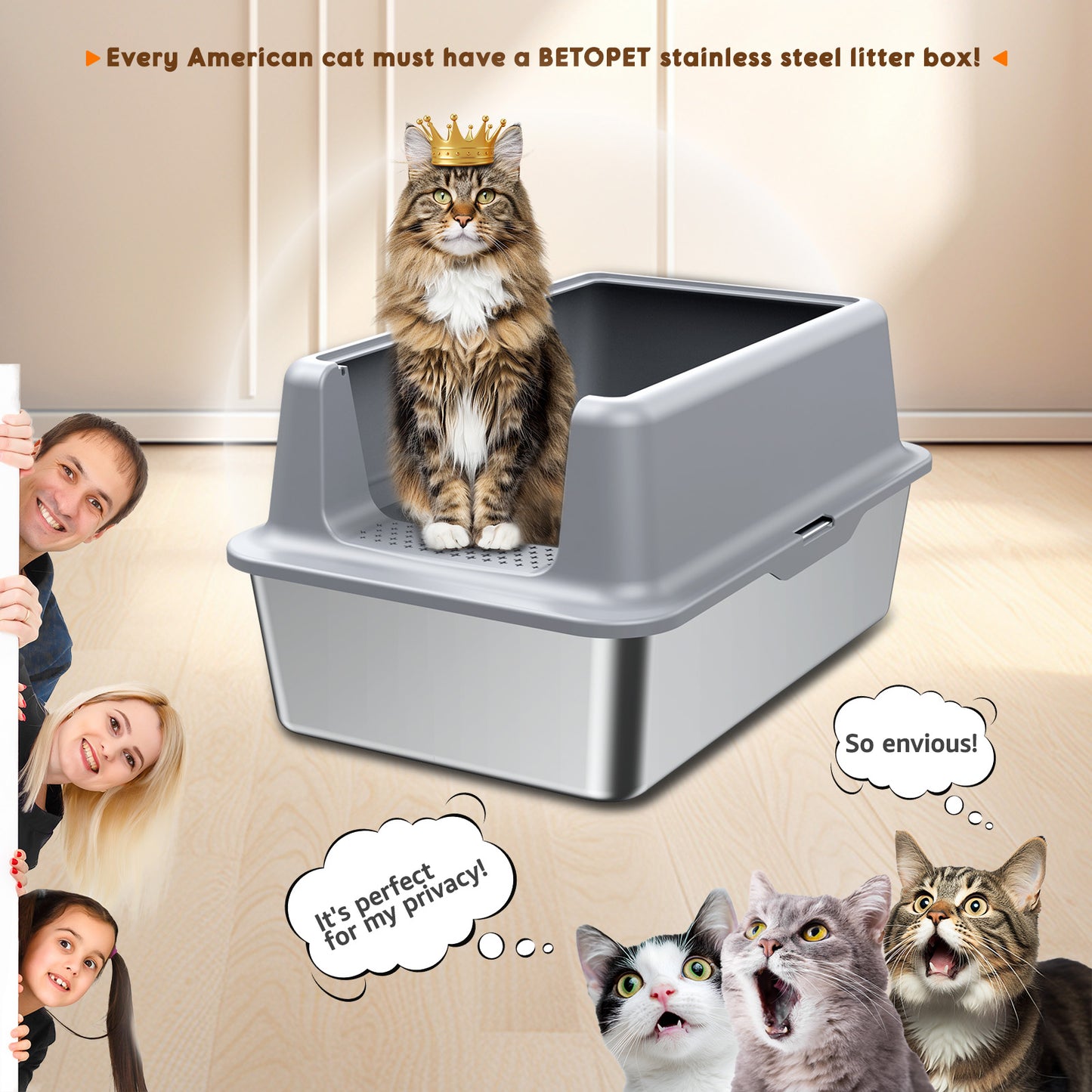 HUTACT Large Cat Litter Box with Litter Mat, Stainless Steel XL Litter Box for Large Cats, High-Sided Metal Litter Pan Tray with Scoop Non-Stick, Leak-Proof, Easy to Clean 23.6"