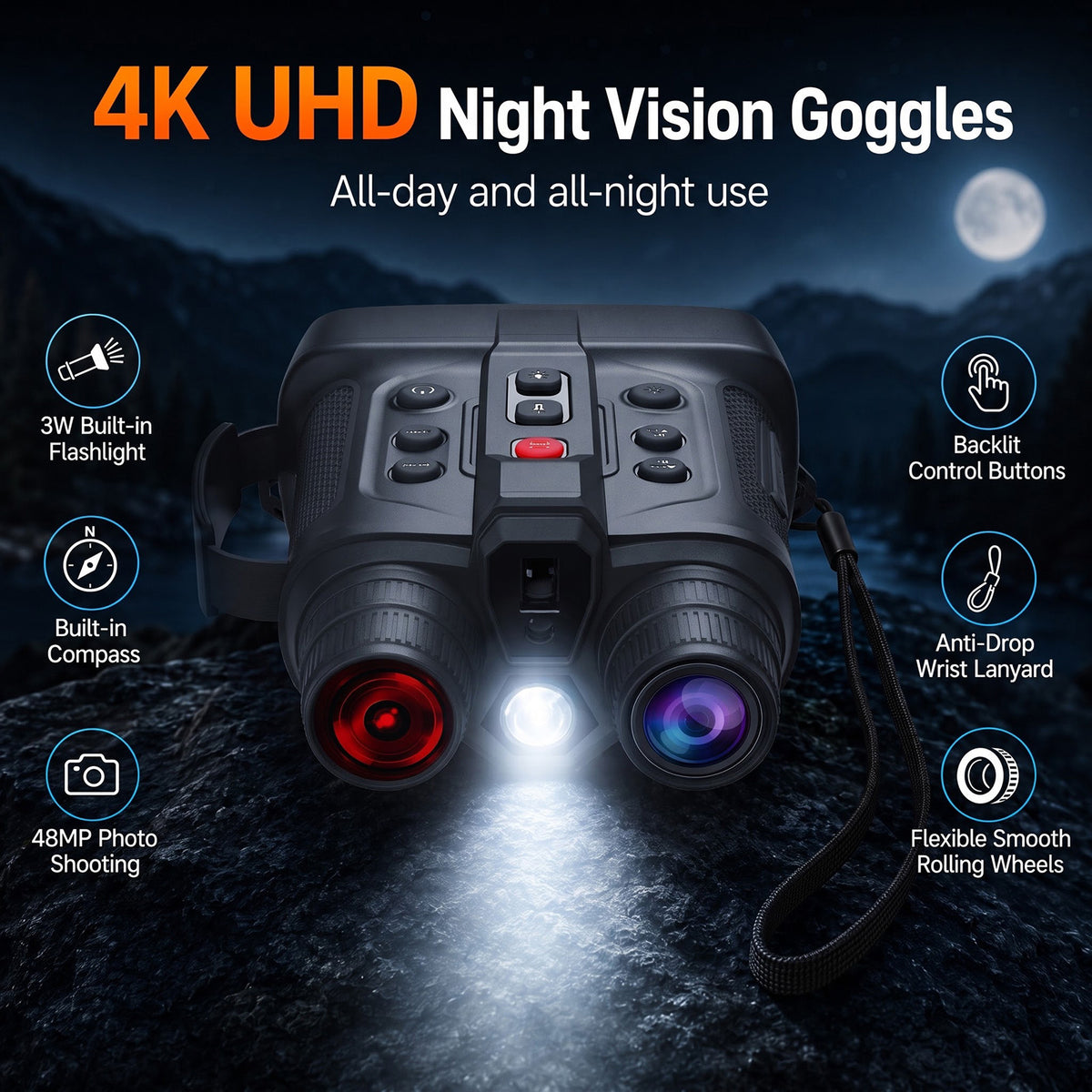 USCAMEL 4.5" Night Vision Binoculars for Adults, 10x 4K Dual Core Infrared Night Vision Goggles with Rangefinder 5000mAh Binoculars for Hunting Wildlife Watching