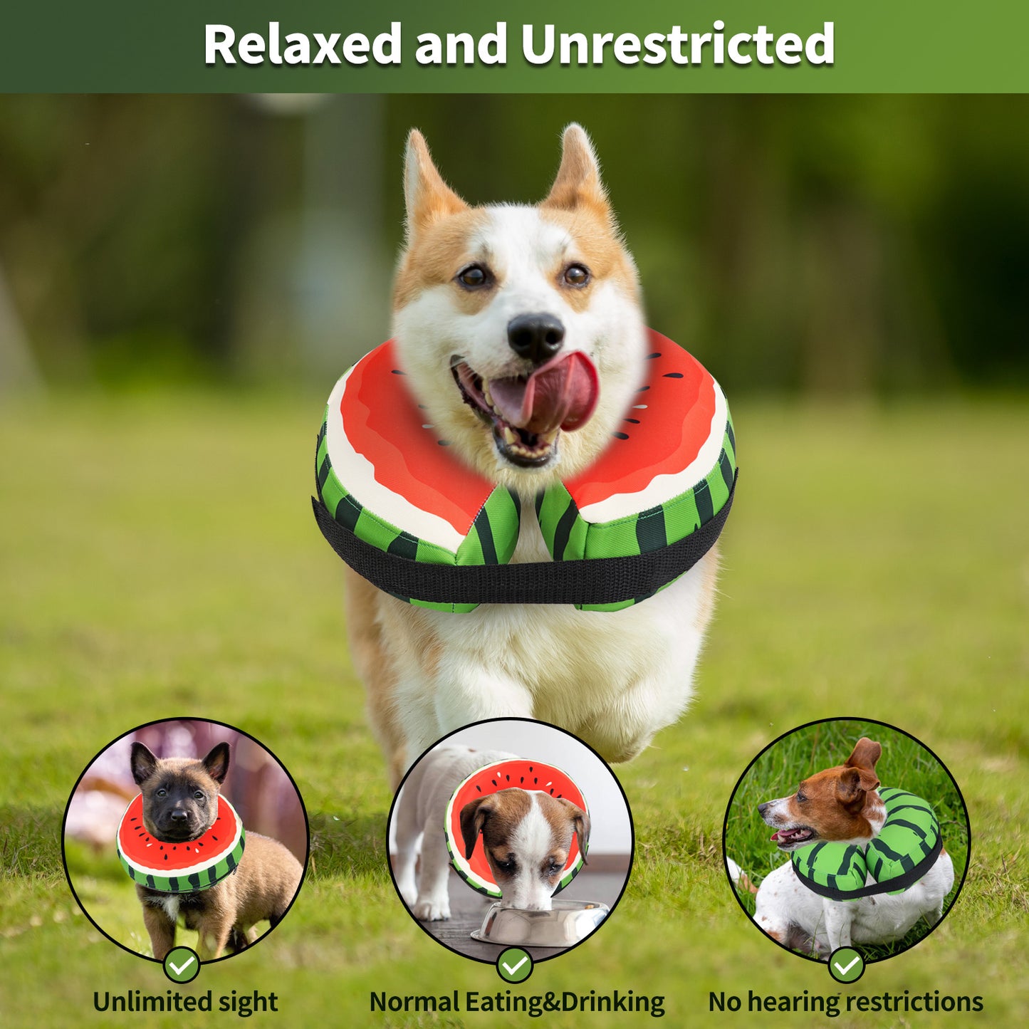 Protective Inflatable Collar for Dogs and Cats - Soft Pet Recovery Collar Doesn't Obstruct View, Large Size, Watermelon Look