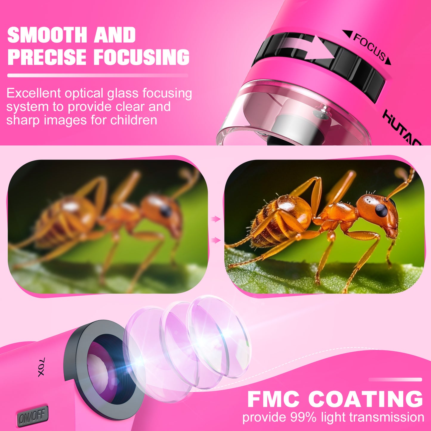 HUTACT Mini Microscope for Kids, 70x Pocket Microscope with 5pcs Prepared Slides, Portable Handheld Microscope for 3-8 Year Olds Gift for Children