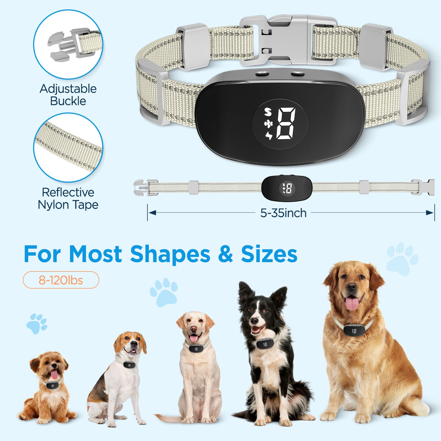 Automatic Intelligent Anti-Barking Collar, with 8 Levels of Sensitivity and Intensity, Suitable for Large, Small and Medium-Sized Dogs Professional Pet Training