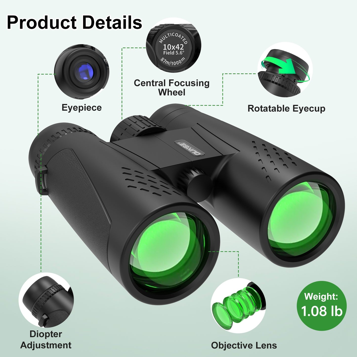 Binoculars for Adults Kids 10X 42mm Binoculars Wide View BAK4 Clear Image Waterproof Bincoulars w/ Phone Clip Storage Bag for Outdoor Event Birding Concert