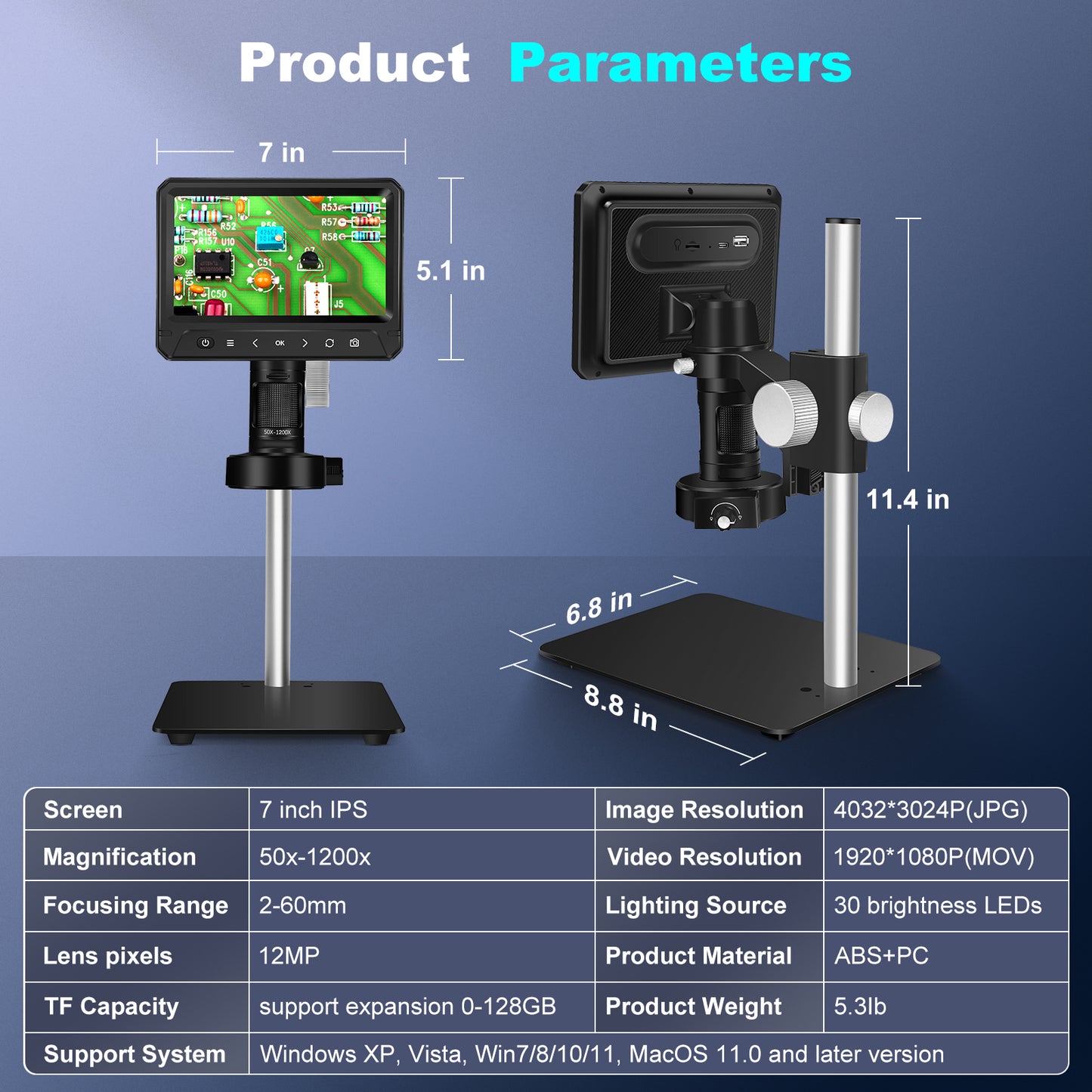 HUTACT Digital Microscope for Adults, Coin Microscope with Light Electronic Repair, Soldering, Magnifier, 7 in Screen PC View Compatible with Windows MacOS