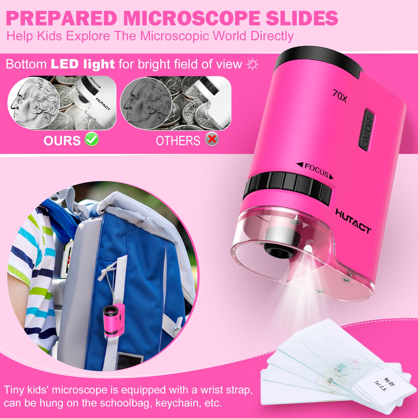 HUTACT Mini Microscope for Kids, 70x Pocket Microscope with 5pcs Prepared Slides, Portable Handheld Microscope for 3-8 Year Olds Gift for Children