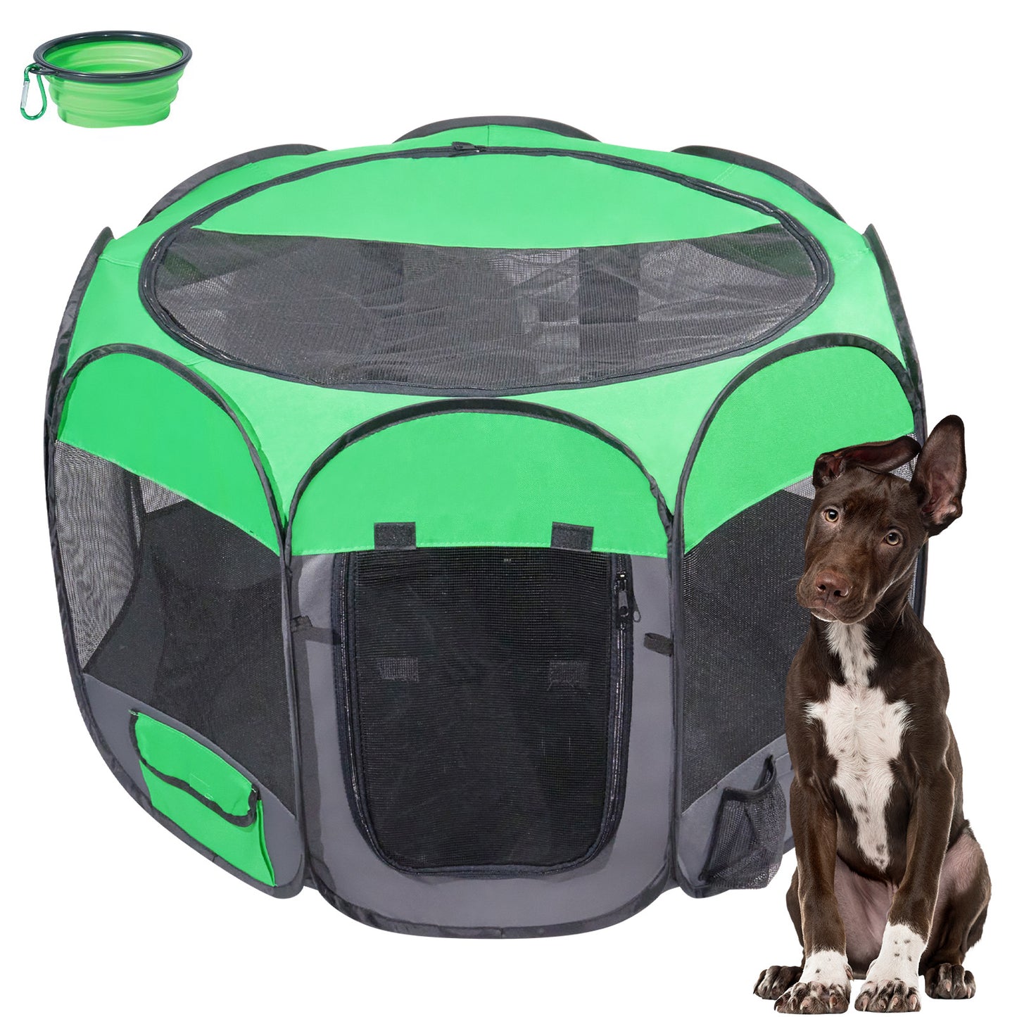 USCAMEL Dog Foldable Playpen Indoor Outdoors, No Assembly Required Pop-up Tent Pet Tent with Bowl & Side Pockets, Detachable Top & Waterproof Bottom (Medium Size)