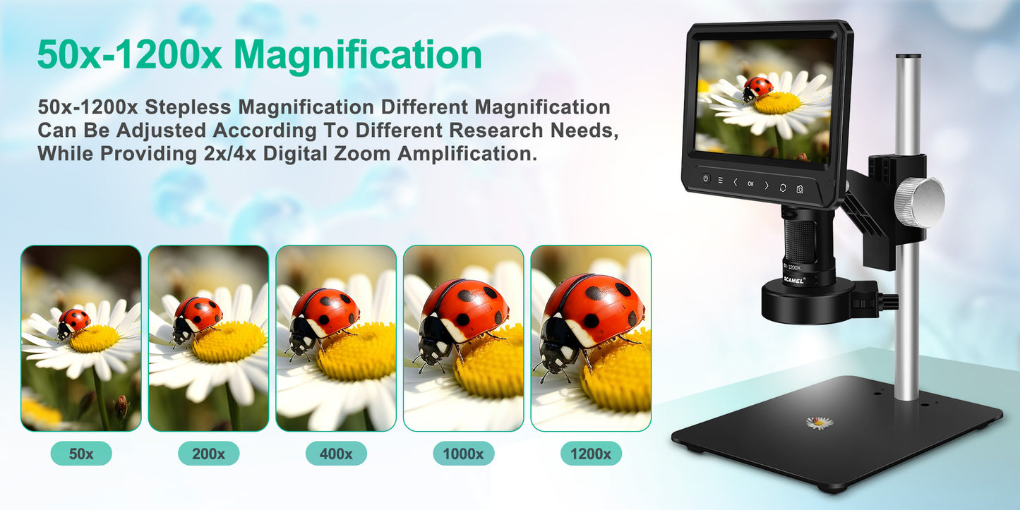 USCAMEL 7" Coin Microscope for Adult, 1200X Digital Microscope for Kids w/Remote, SD Card, LED Fill Lights, LCD Electronic Camera Microscope for Soldering Compatible with Windows