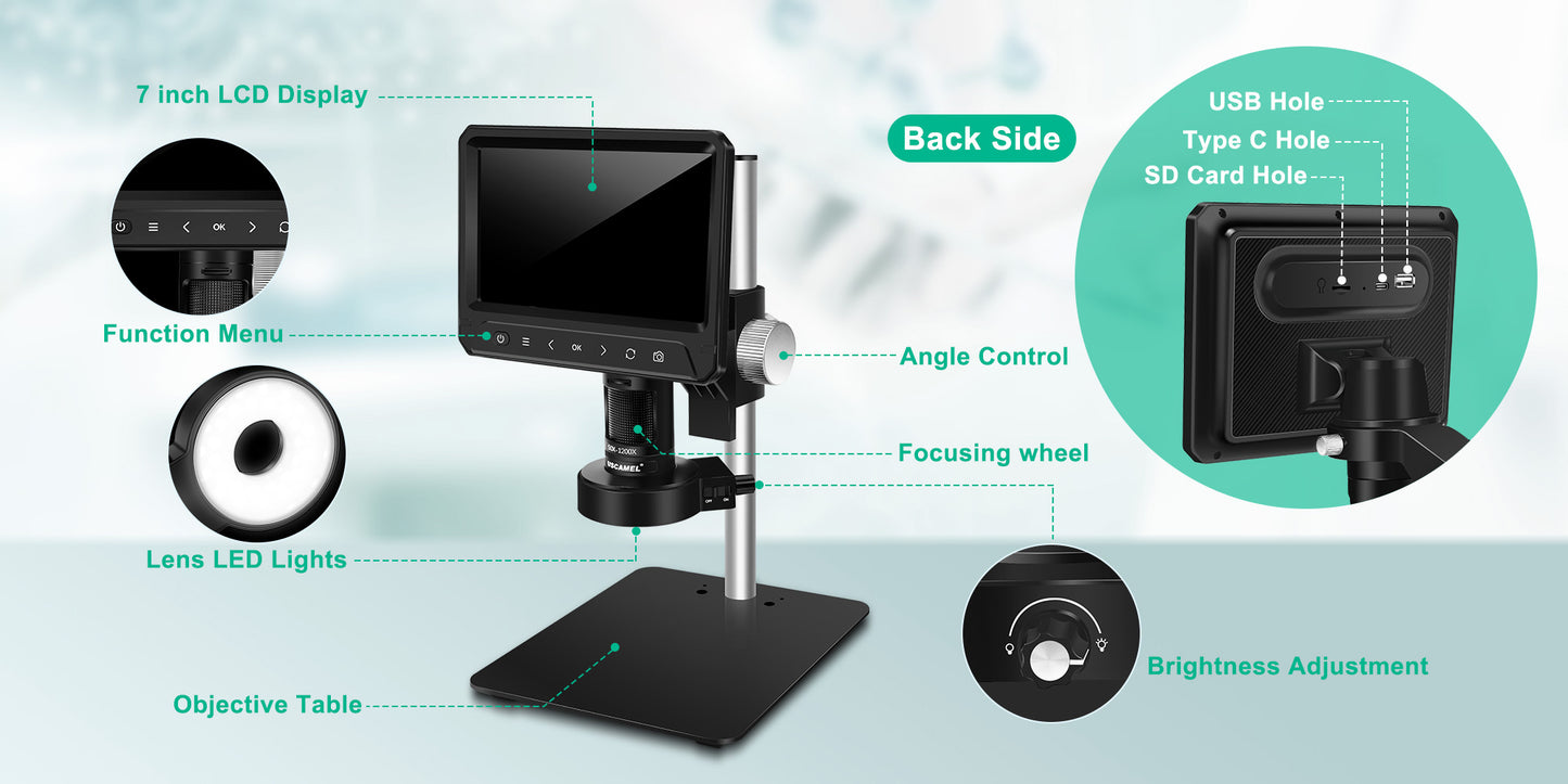 USCAMEL 7" Coin Microscope for Adult, 1200X Digital Microscope for Kids w/Remote, SD Card, LED Fill Lights, LCD Electronic Camera Microscope for Soldering Compatible with Windows