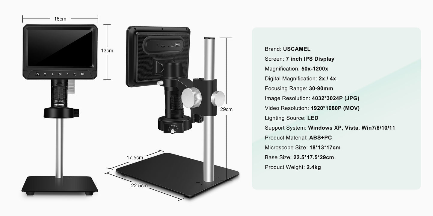 USCAMEL 7" Coin Microscope for Adult, 1200X Digital Microscope for Kids w/Remote, SD Card, LED Fill Lights, LCD Electronic Camera Microscope for Soldering Compatible with Windows