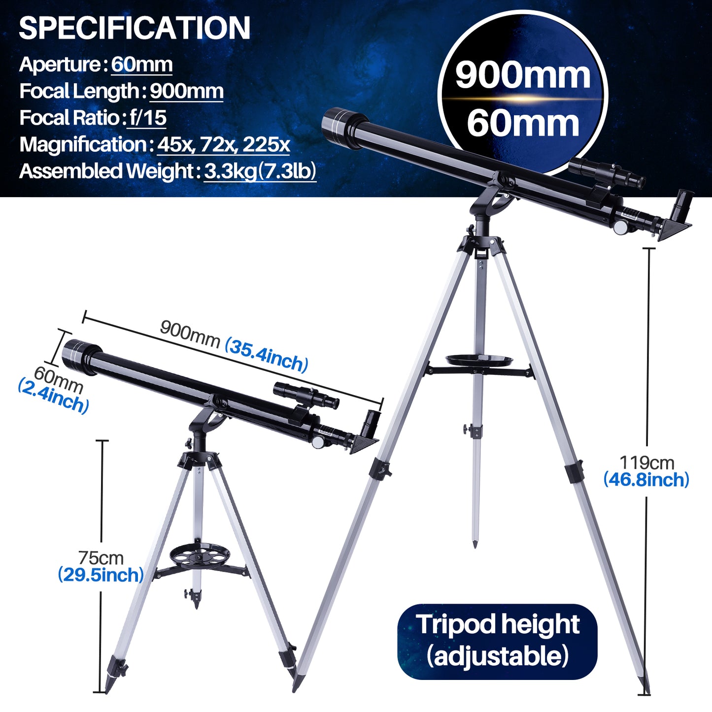 USCAMEL Telescopes for Astronomy 45X-675X Telescope for Kids Adults and Beginners 900mm Long Focus Length 60mm Aperture, 1.5X Erecting Eyepiece, 3X Barlow Lens with Phone Adapter Tripod