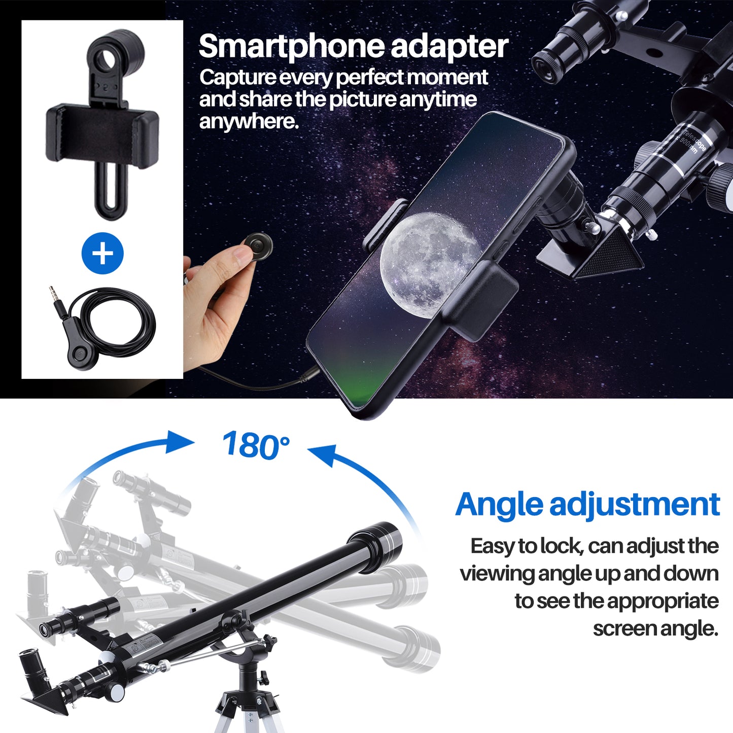 USCAMEL Telescopes for Astronomy 45X-675X Telescope for Kids Adults and Beginners 900mm Long Focus Length 60mm Aperture, 1.5X Erecting Eyepiece, 3X Barlow Lens with Phone Adapter Tripod