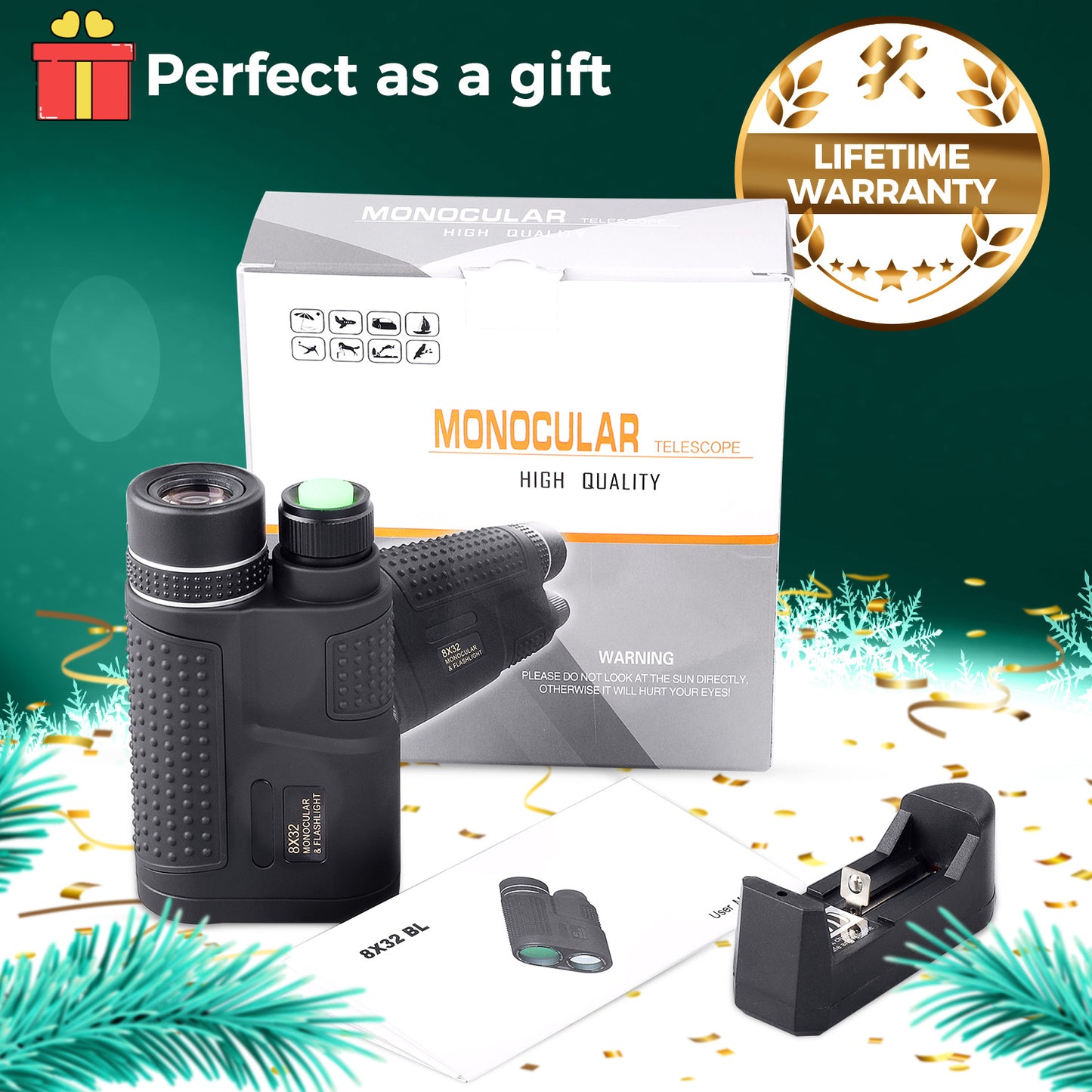 USCAMEL 8 x 32 Monocular Telescope Night Vision with Flashlight Function, BAK4 FMC Green Film Monocular Fits for Birding Hunting Concerts