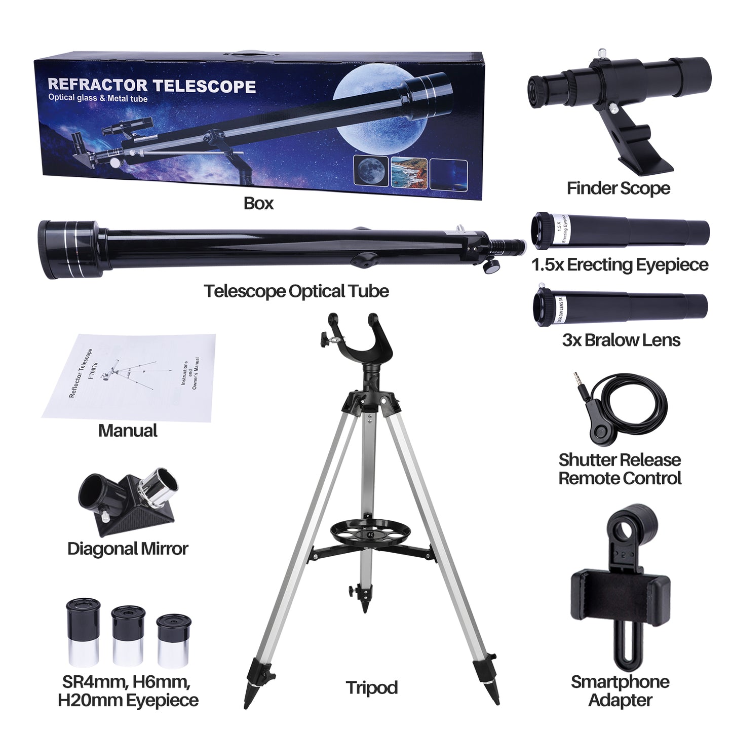 USCAMEL Telescopes for Astronomy 45X-675X Telescope for Kids Adults and Beginners 900mm Long Focus Length 60mm Aperture, 1.5X Erecting Eyepiece, 3X Barlow Lens with Phone Adapter Tripod