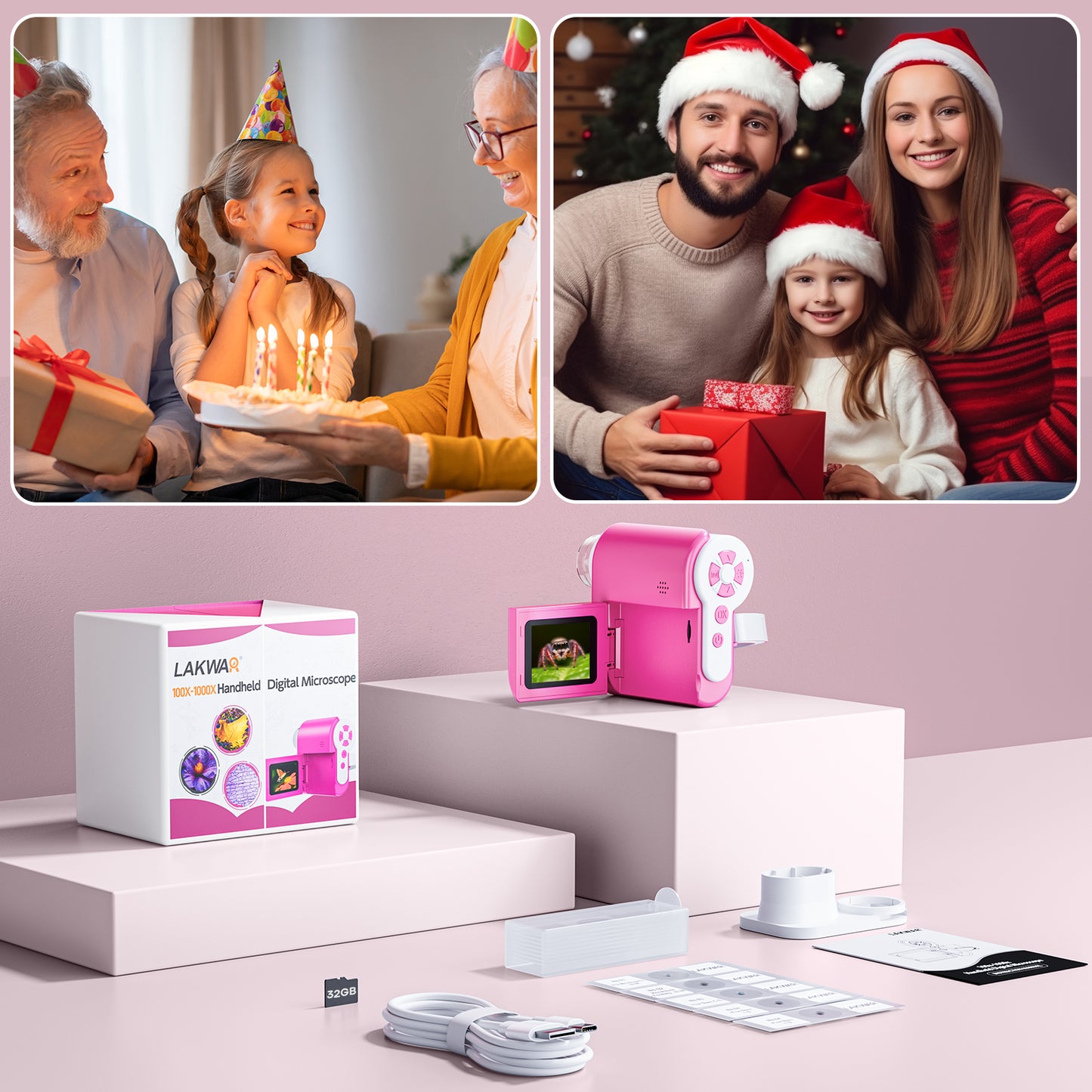 USCAMEL 2 inch Handheld HD Pocket Digital Microscope Gift Box with Storage Card, Microscope for Adult, Kids, Red