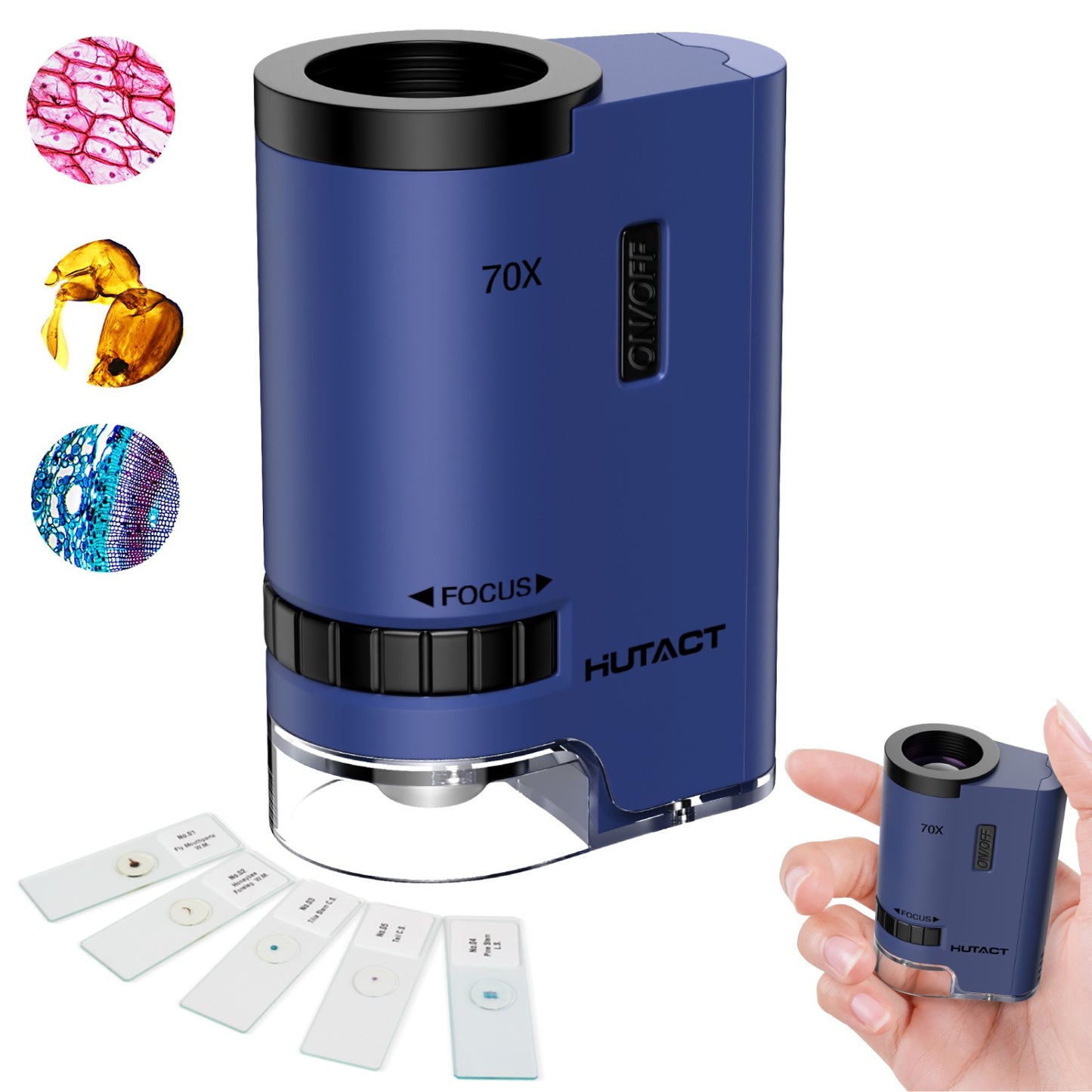 HUTACT Mini Microscope for Kids, 70x Pocket Microscope with 5pcs Prepared Slides, Portable Handheld Microscope for 3-8 Year Olds Gift for Children