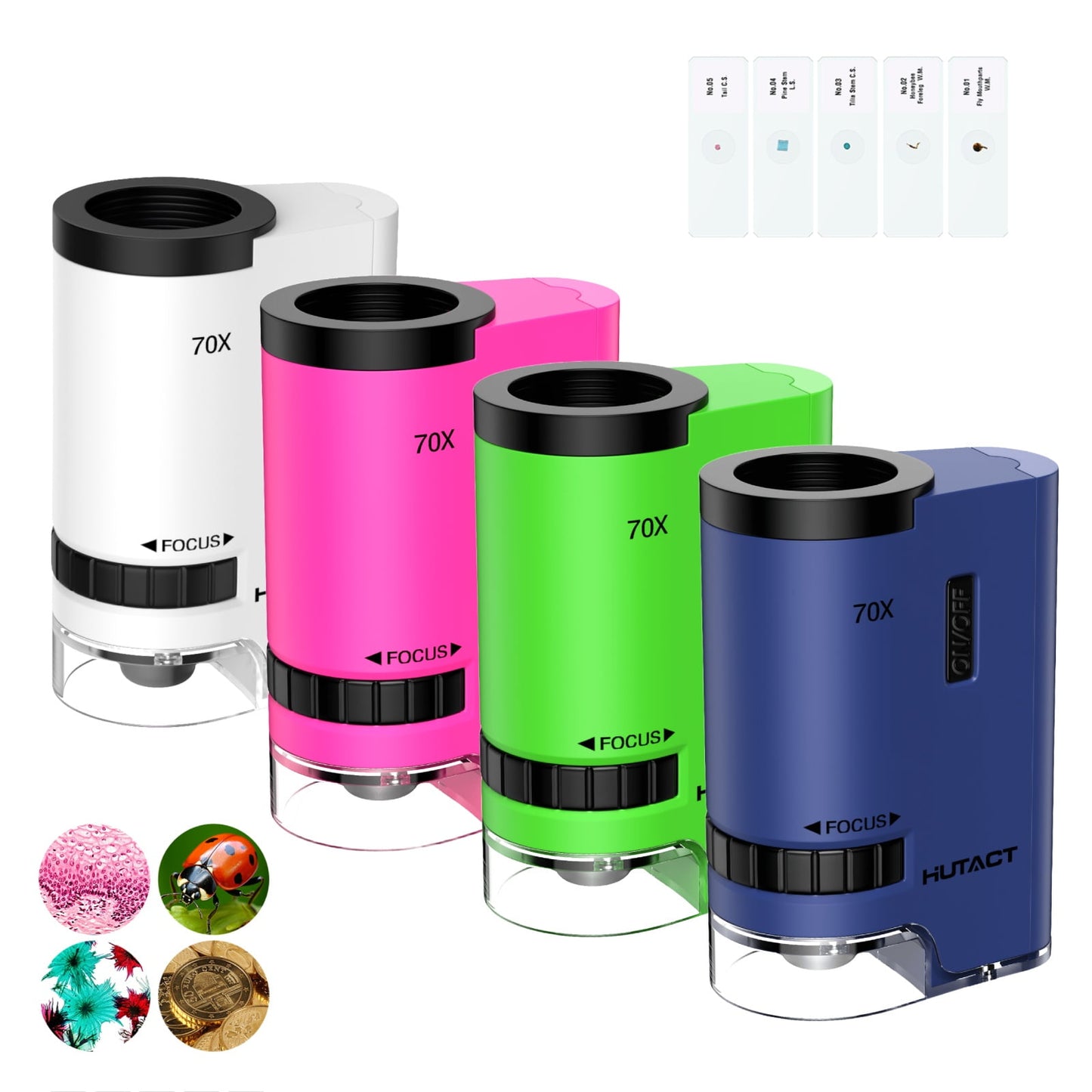 HUTACT Mini Microscope for Kids, 70x Pocket Microscope with 5pcs Prepared Slides, Portable Handheld Microscope for 3-8 Year Olds Gift for Children