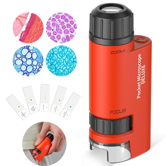 Mini Microscope for Kids, 60x-120x Pocket Microscope LED Light Handheld Small Lightweight Child Toy Kid Microscope with 5pcs Prepared Slides Storage Bag