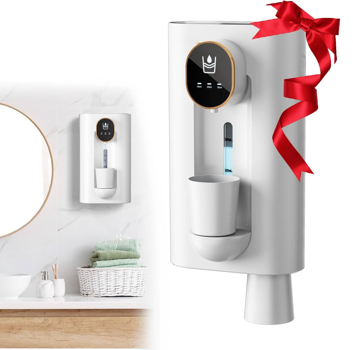 Automatic Mouthwash Dispenser for Bathroom 18.26 oz for Kids Adult w/ 2 Cups Wall-Mounted Mouth Wash Dispenser 1200mAh, White
