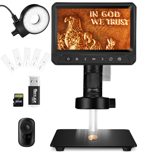 USCAMEL Coin Microscope for Adult, Digital Microscope, 7" Microscope for Error Coin Inspection Soldering, 32G SD Card, Rechargeable Kids Microscope PC View Windows Mac Compatible