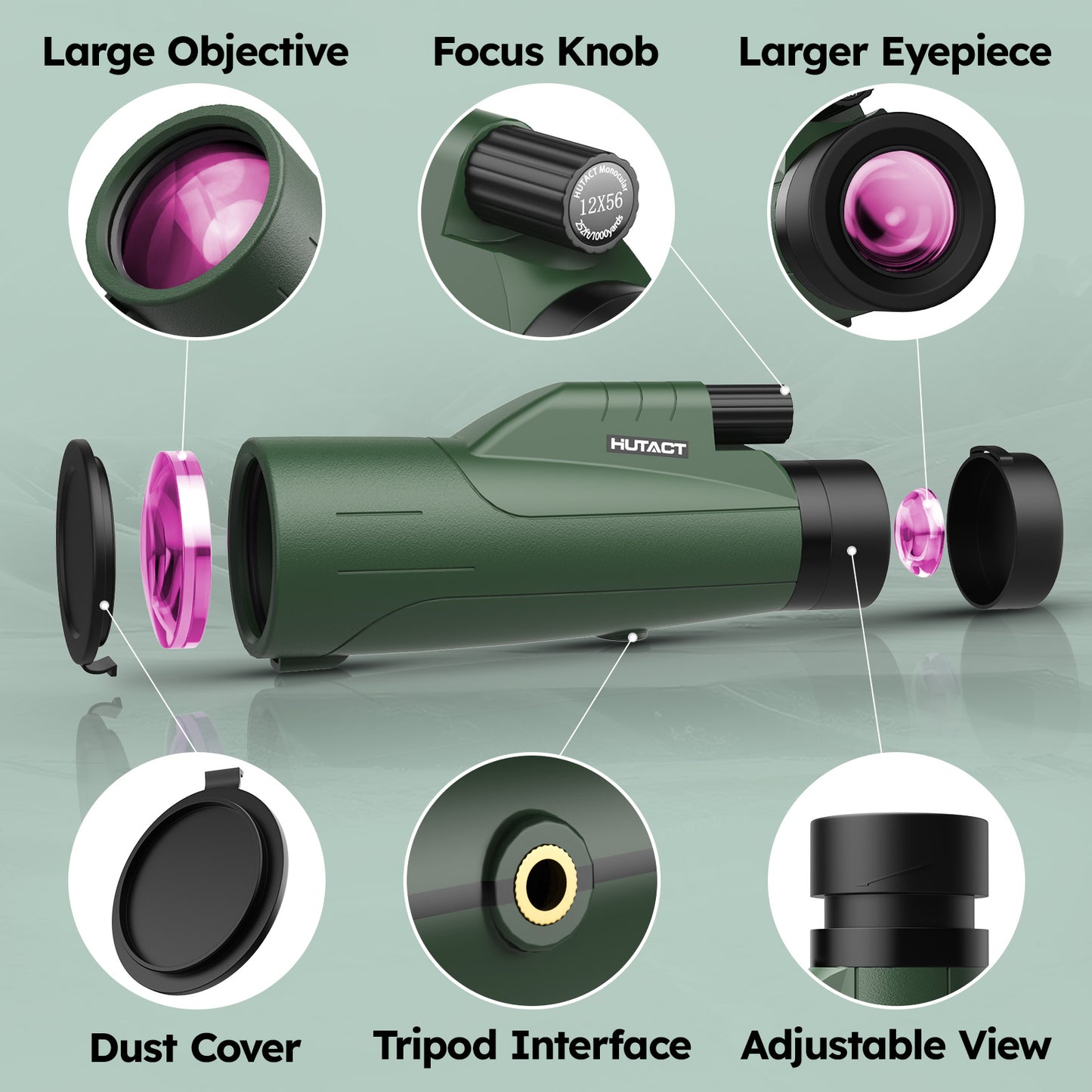 Monocular for Adult, 12x56 mm Monocular HUTACT FMC Clear View Monocular with Phone Clip Tripod for Outdoor Bird Watching Sports Events, All in 1 Monocular Gift for Him