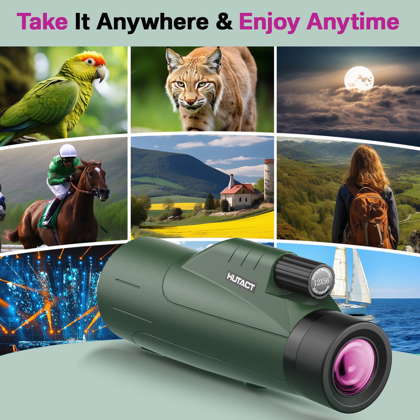 Monocular for Adult, 12x56 mm Monocular HUTACT FMC Clear View Monocular with Phone Clip Tripod for Outdoor Bird Watching Sports Events, All in 1 Monocular Gift for Him