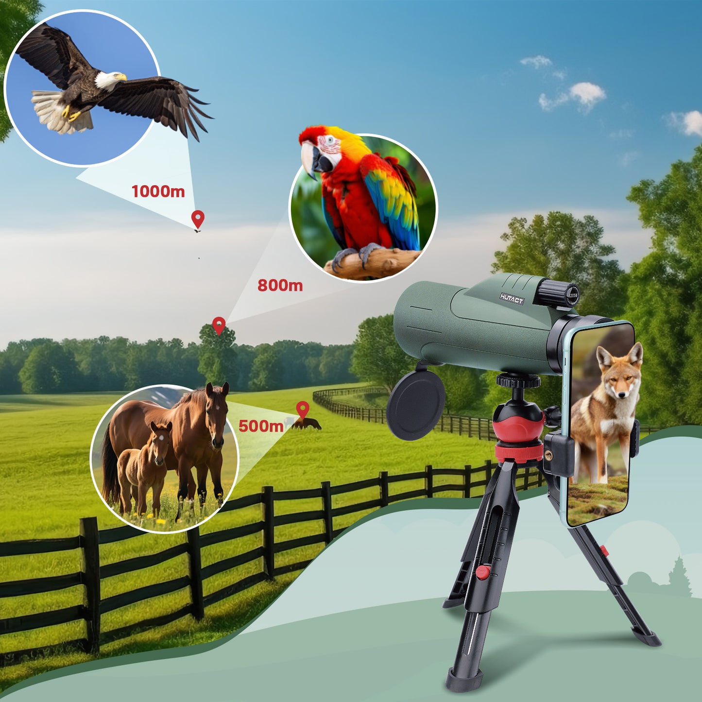 Monocular for Adult, 12x56 mm Monocular HUTACT FMC Clear View Monocular with Phone Clip Tripod for Outdoor Bird Watching Sports Events, All in 1 Monocular Gift for Him