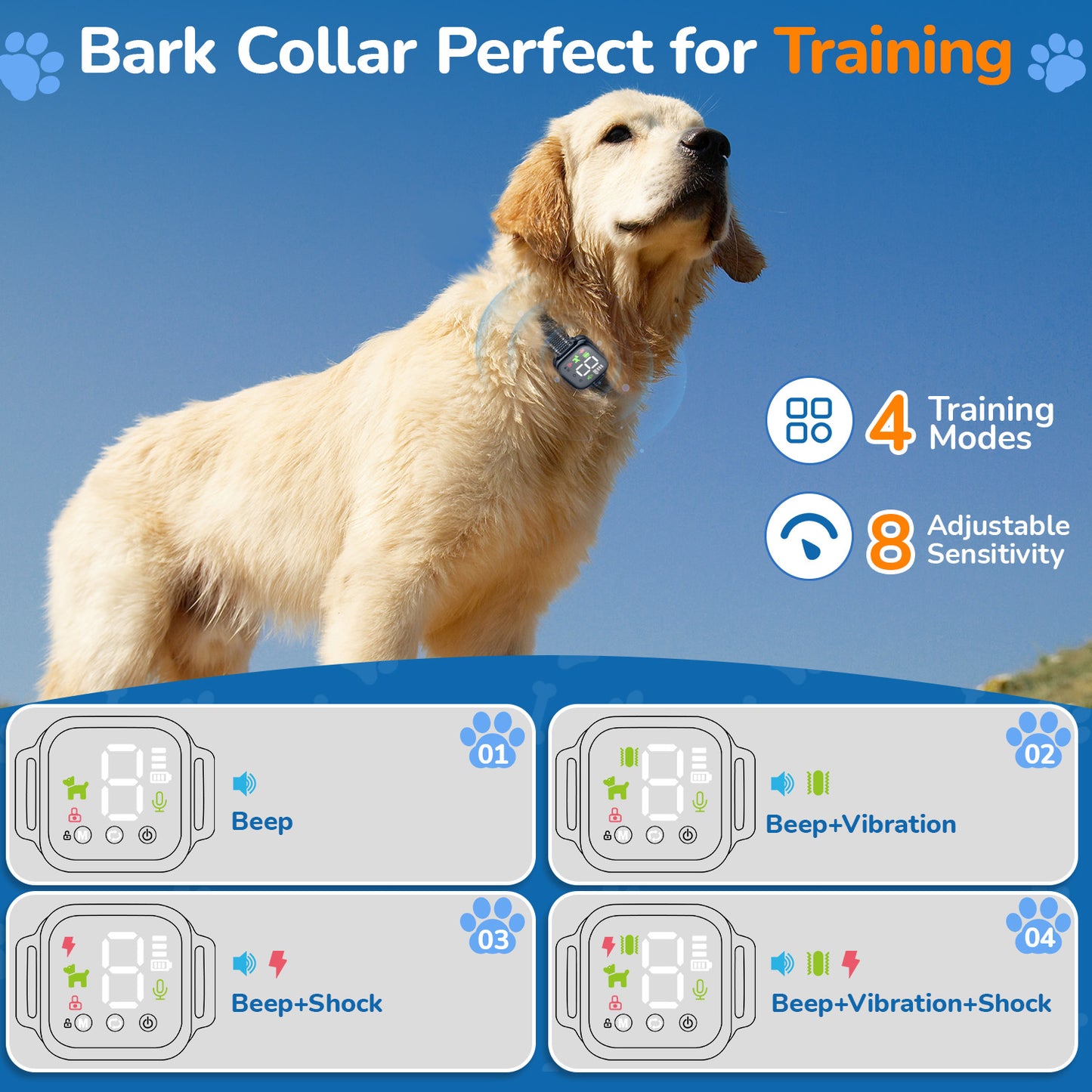 USCAMEL Dog Bark Collar for Large Medium Small Dogs Smart Bark Collar with Digital Display Automatic Anti Barking Training Shock Collar 4 Modes Beep, Vibration & Safe Shock (Black)