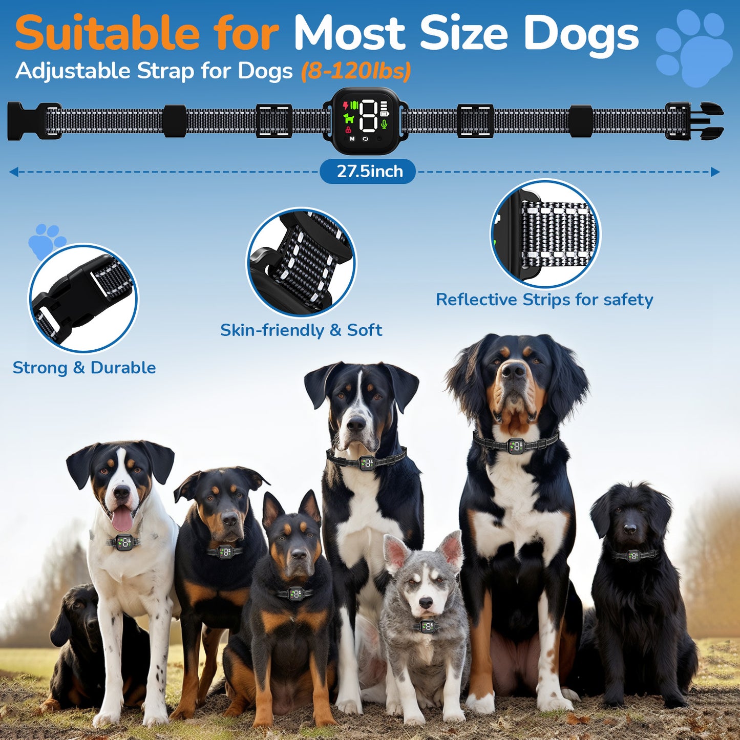 Dog Bark Collar for Large Dog, 4 Modes Shock Collar No False Trigger Auto Smart Anti Barking Collar for Training, Dog Shock Collar with Beep, Vibration & Shock