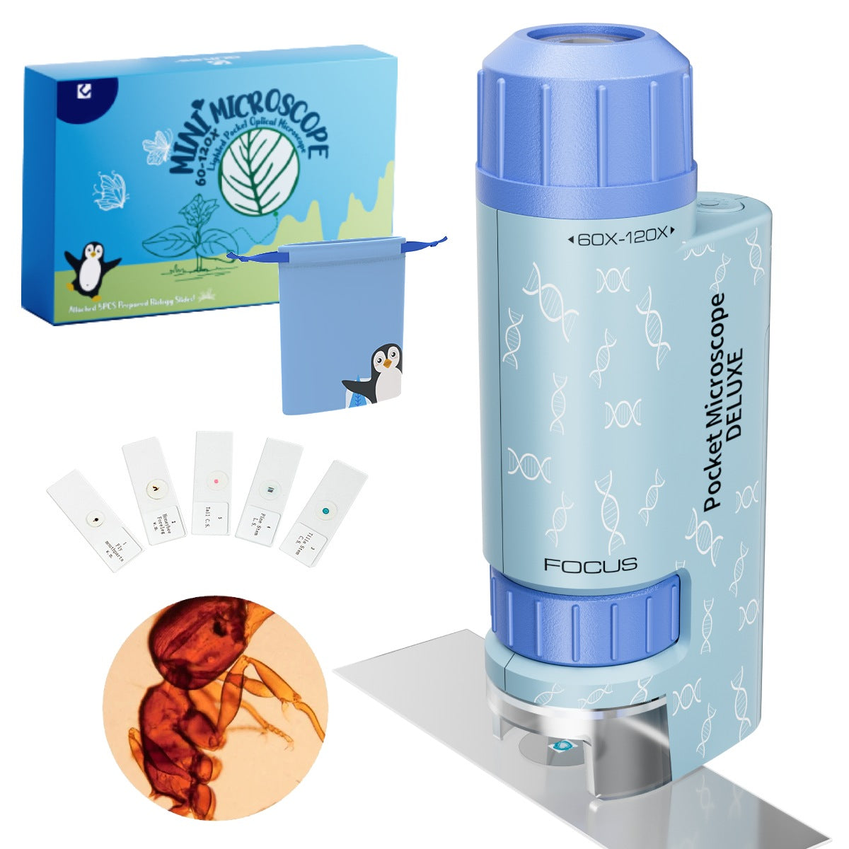 Mini Microscope for Kids, 60x-120x Pocket Microscope LED Light Handheld Small Lightweight Child Toy Kid Microscope with 5pcs Prepared Slides Storage Bag