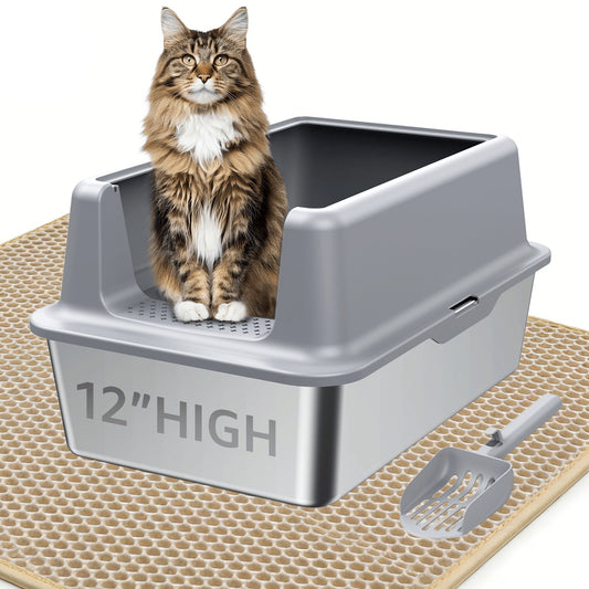 HUTACT Large Cat Litter Box with Litter Mat, Stainless Steel XL Litter Box for Large Cats, High-Sided Metal Litter Pan Tray with Scoop Non-Stick, Leak-Proof, Easy to Clean 23.6"
