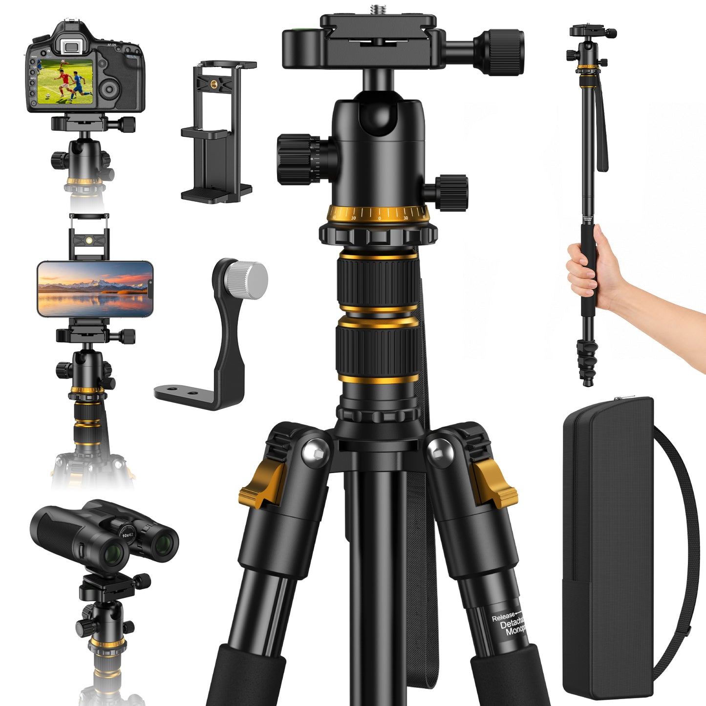 USCAMEL Camera Tripod, Pro Video Tripods for Camera DSLR Adjustable 63" Monopod, Foldable Outdoor Shooting Tripod Travel Photography 360° Ball Head