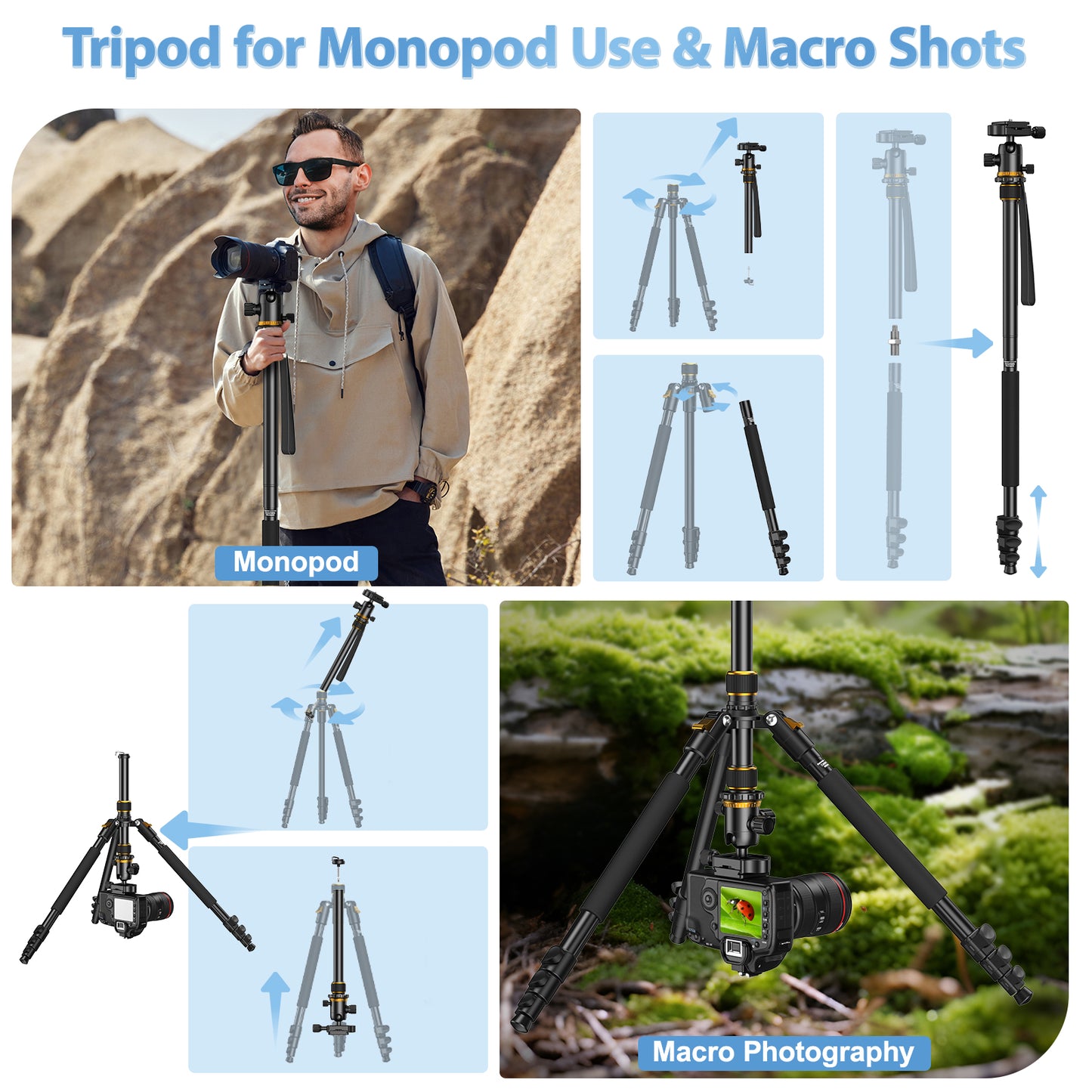 USCAMEL Camera Tripod, Pro Video Tripods for Camera DSLR Adjustable 63" Monopod, Foldable Outdoor Shooting Tripod Travel Photography 360° Ball Head