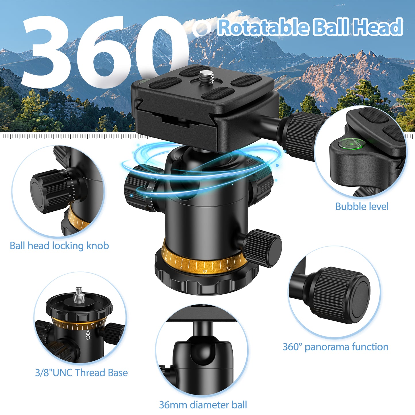USCAMEL Camera Tripod, Pro Video Tripods for Camera DSLR Adjustable 63" Monopod, Foldable Outdoor Shooting Tripod Travel Photography 360° Ball Head