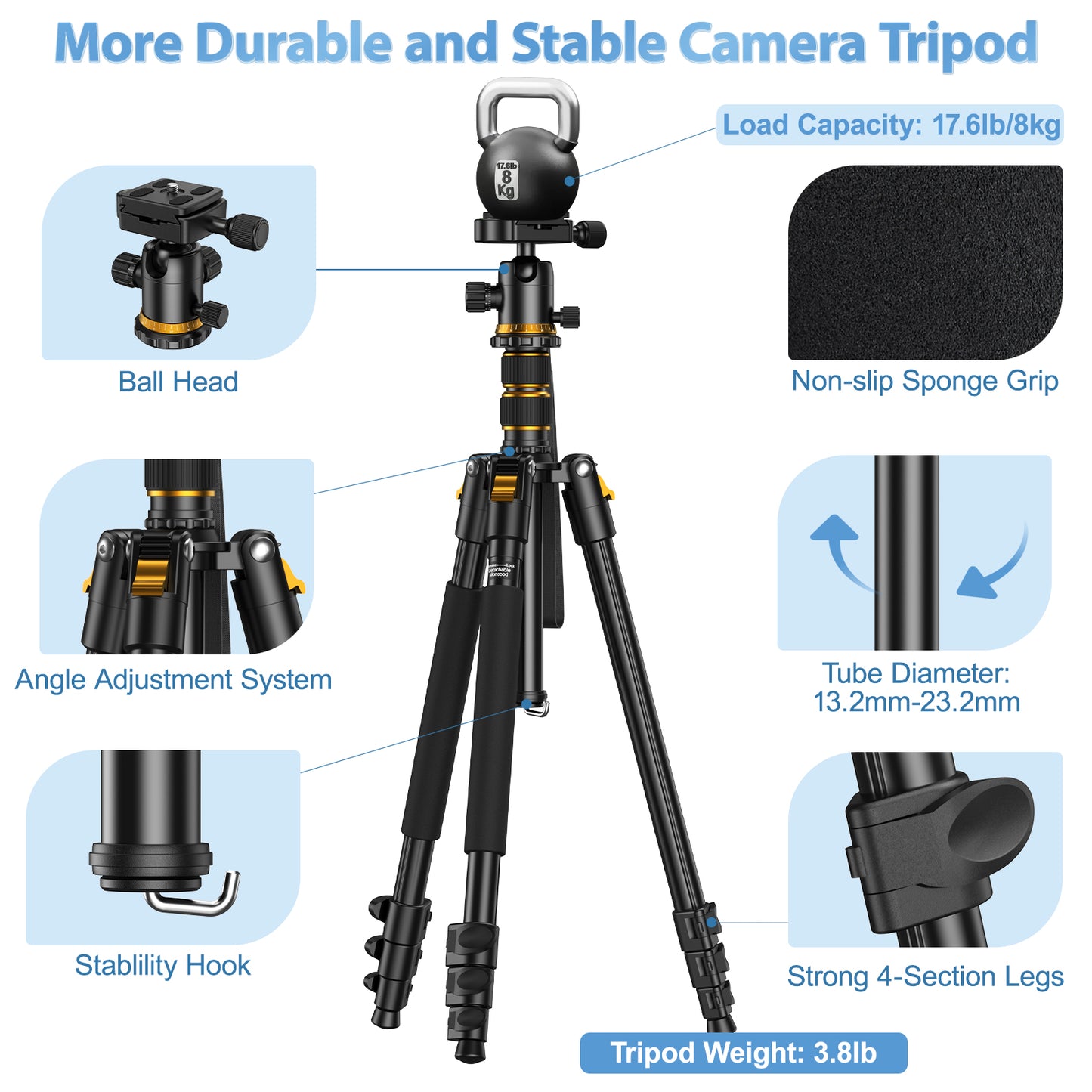 USCAMEL Camera Tripod, Pro Video Tripods for Camera DSLR Adjustable 63" Monopod, Foldable Outdoor Shooting Tripod Travel Photography 360° Ball Head