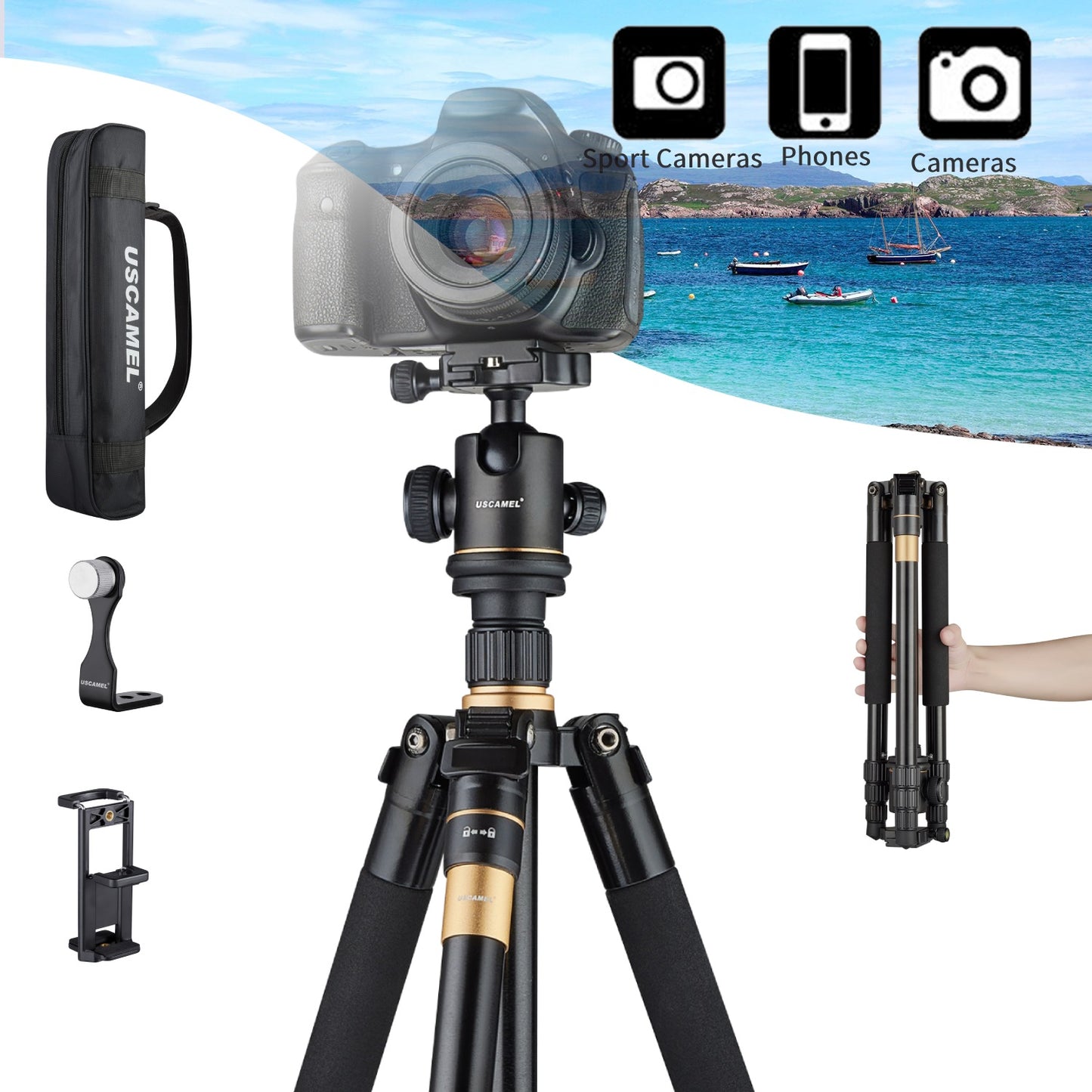 Tripods for Camera, Professional Video Tripod Adjustable 66.9" Monopod for Smartphone, Durable Video Travel Photography 360° Rotatable Aluminum