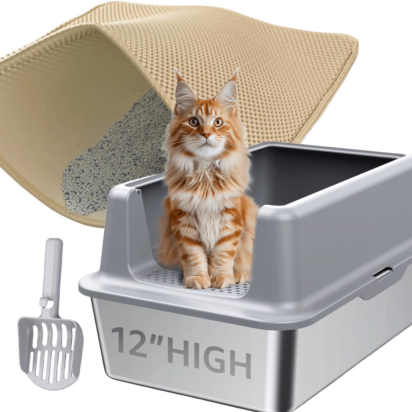 HUTACT Large Cat Litter Box with Litter Mat, Stainless Steel XL Litter Box for Large Cats, High-Sided Metal Litter Pan Tray with Scoop Non-Stick, Leak-Proof, Easy to Clean 23.6"