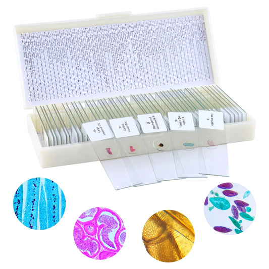 USCAMEL 50PCS Prepared Microscope Slides Set for Kids Junior Scientist, Glass Slides with Premade Specimen for School Home Program Include Plant, Insect, Animal Tissue