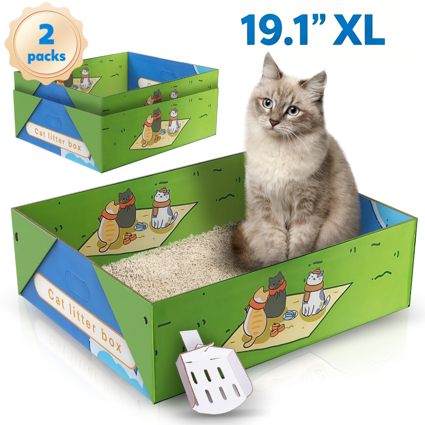 Hutact 2 Pack Disposable Cat Litter Box, 19.1" Extra Large Portable Litter Pan for Large Cats Foldable Litter Box Leak-Proof Cat Potty + 2 Litter Scoops for Travel Use