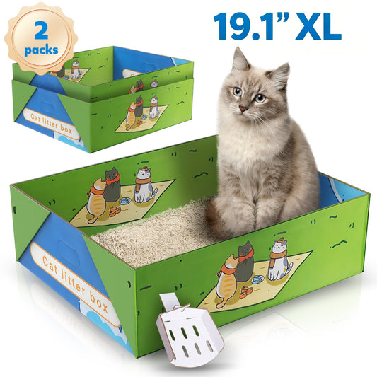 Hutact 2 Pack Disposable Cat Litter Box, 19.1" Extra Large Portable Litter Pan for Large Cats Foldable Litter Box Leak-Proof Cat Potty + 2 Litter Scoops for Travel Use