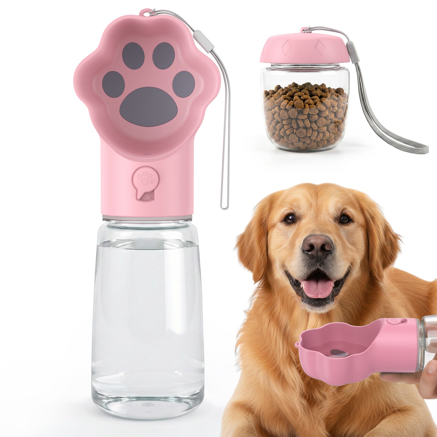 Hutact Dog Water Bottle with Food Container, 18.6oz Pet Dispenser Cup, Detachable 5.7oz Food Container, Portable Leak-Proof Water Bottle with Lock