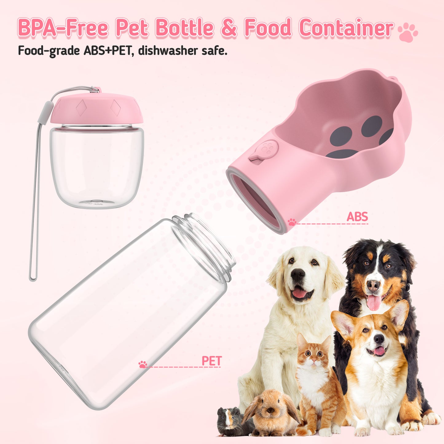 Hutact Dog Water Bottle with Food Container, 18.6oz Pet Dispenser Cup, Detachable 5.7oz Food Container, Portable Leak-Proof Water Bottle with Lock