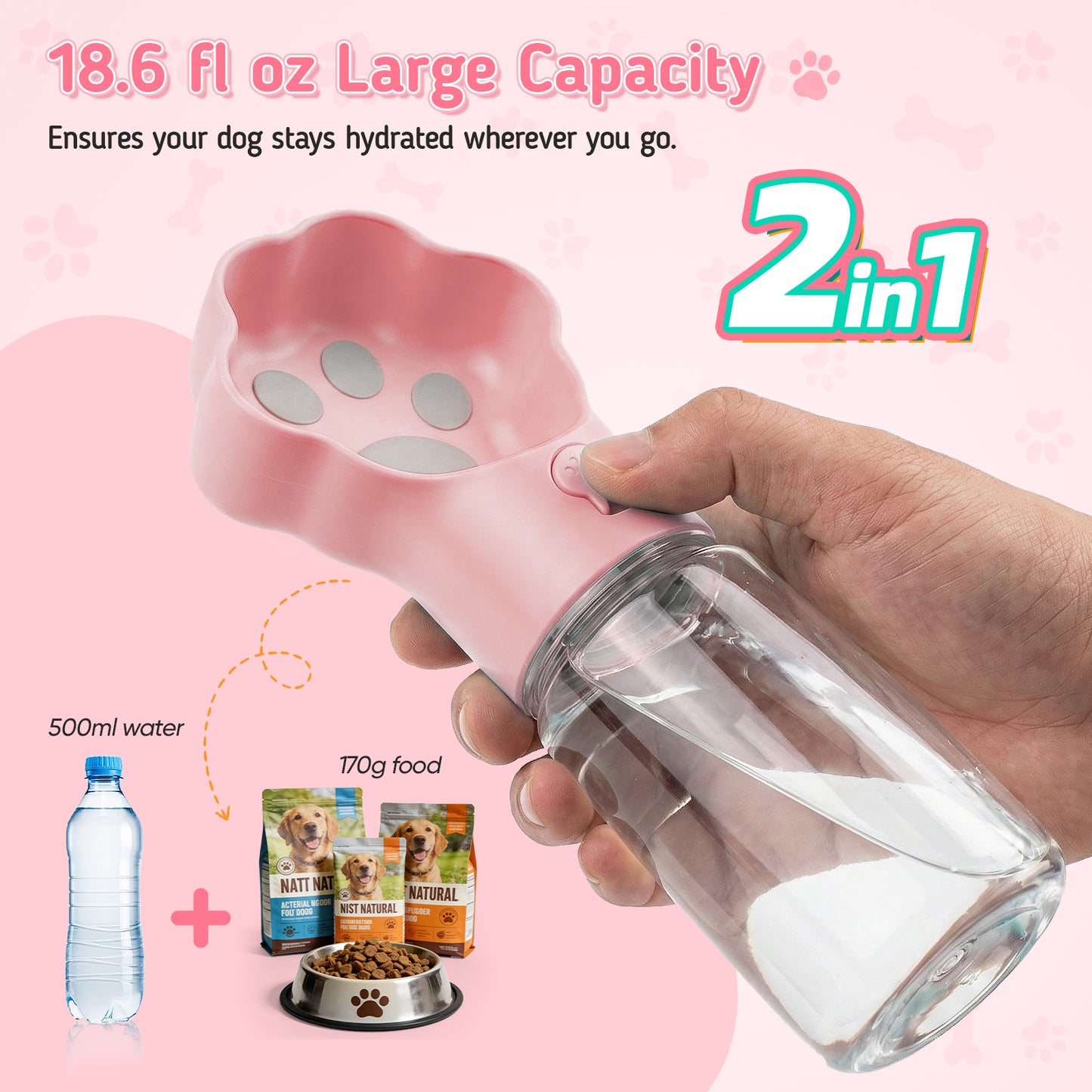 Hutact Dog Water Bottle with Food Container, 18.6oz Pet Dispenser Cup, Detachable 5.7oz Food Container, Portable Leak-Proof Water Bottle with Lock