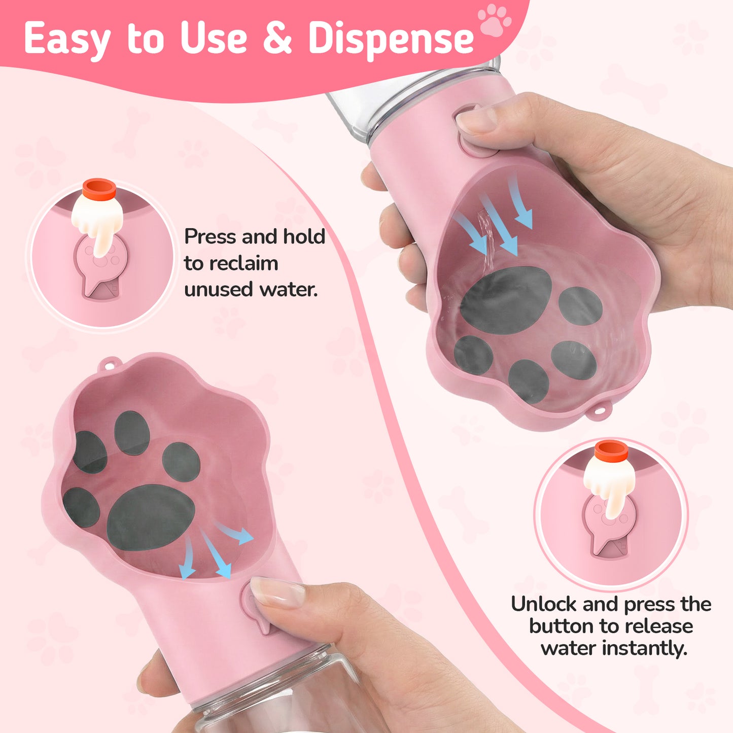 Hutact Dog Water Bottle with Food Container, 18.6oz Pet Dispenser Cup, Detachable 5.7oz Food Container, Portable Leak-Proof Water Bottle with Lock
